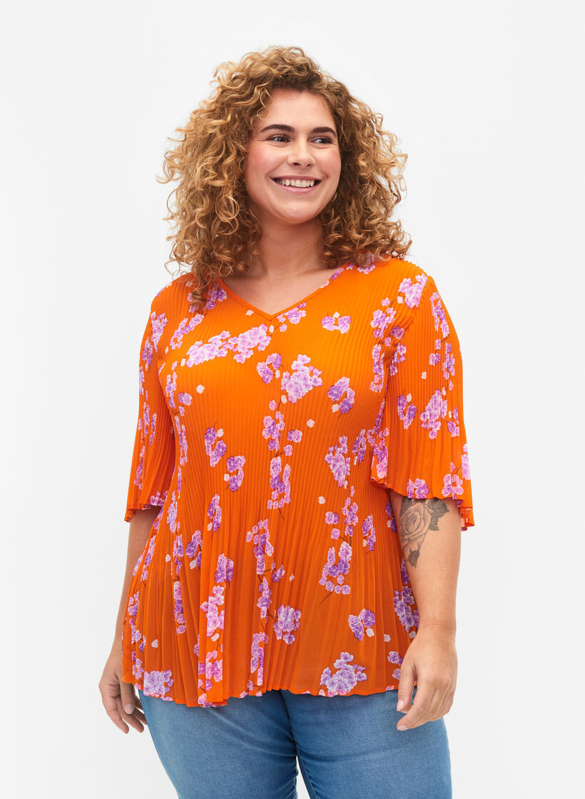 Gebloemde geplooide blouse, Exuberance Flower, Model image number 0