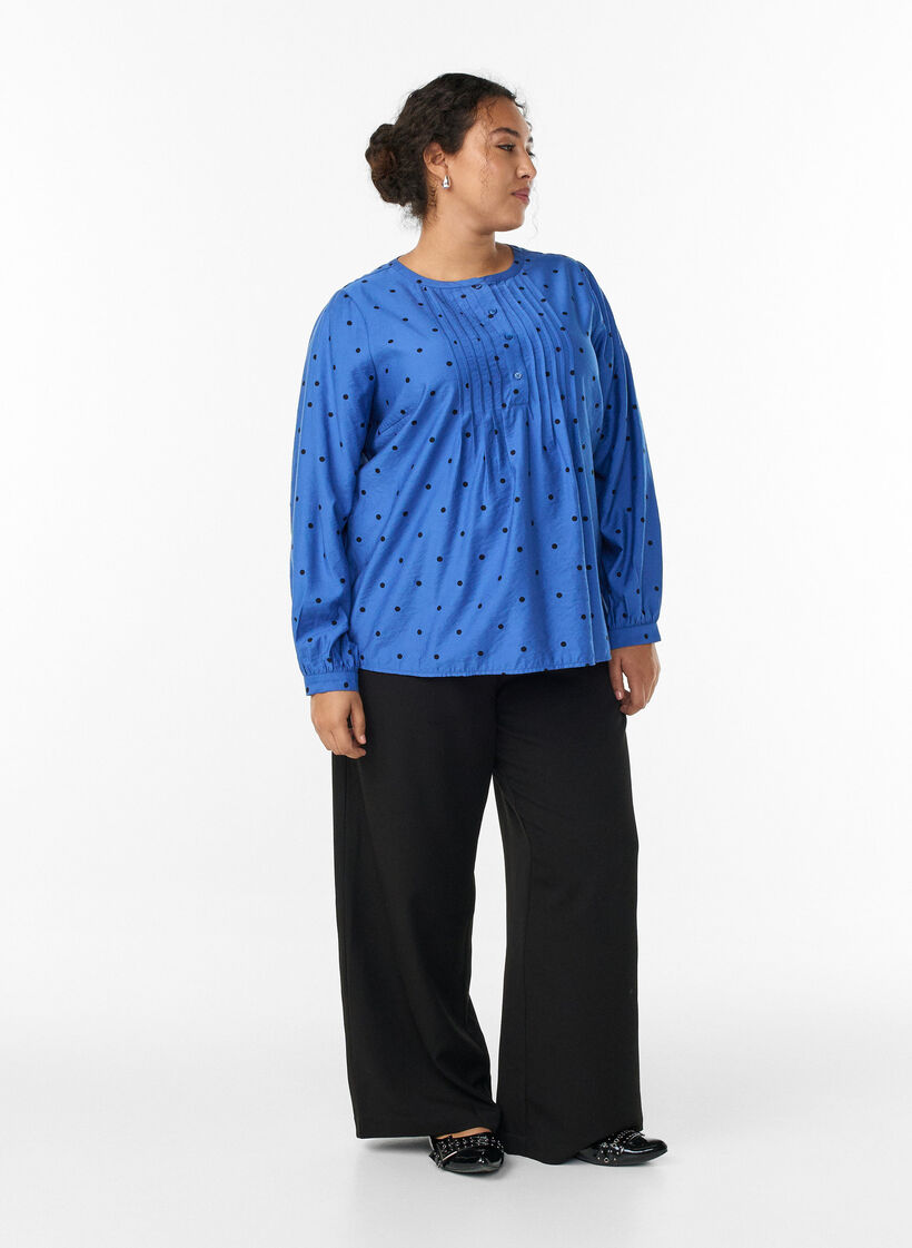 Blouse met lange mouwen en stippen, Blauw, Model image number 1