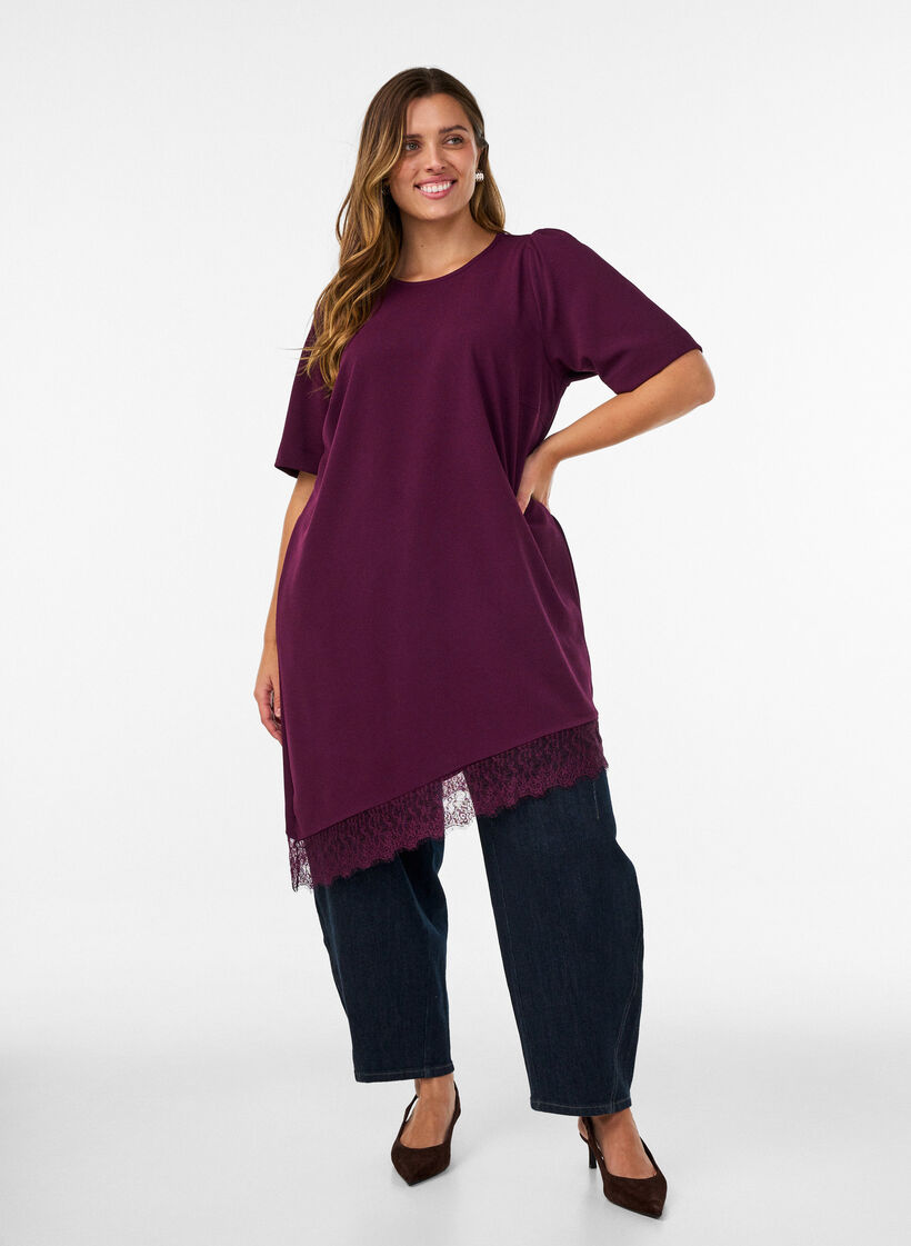 Tuniek met asymmetrische kanten rand, Paars, Model image number 1