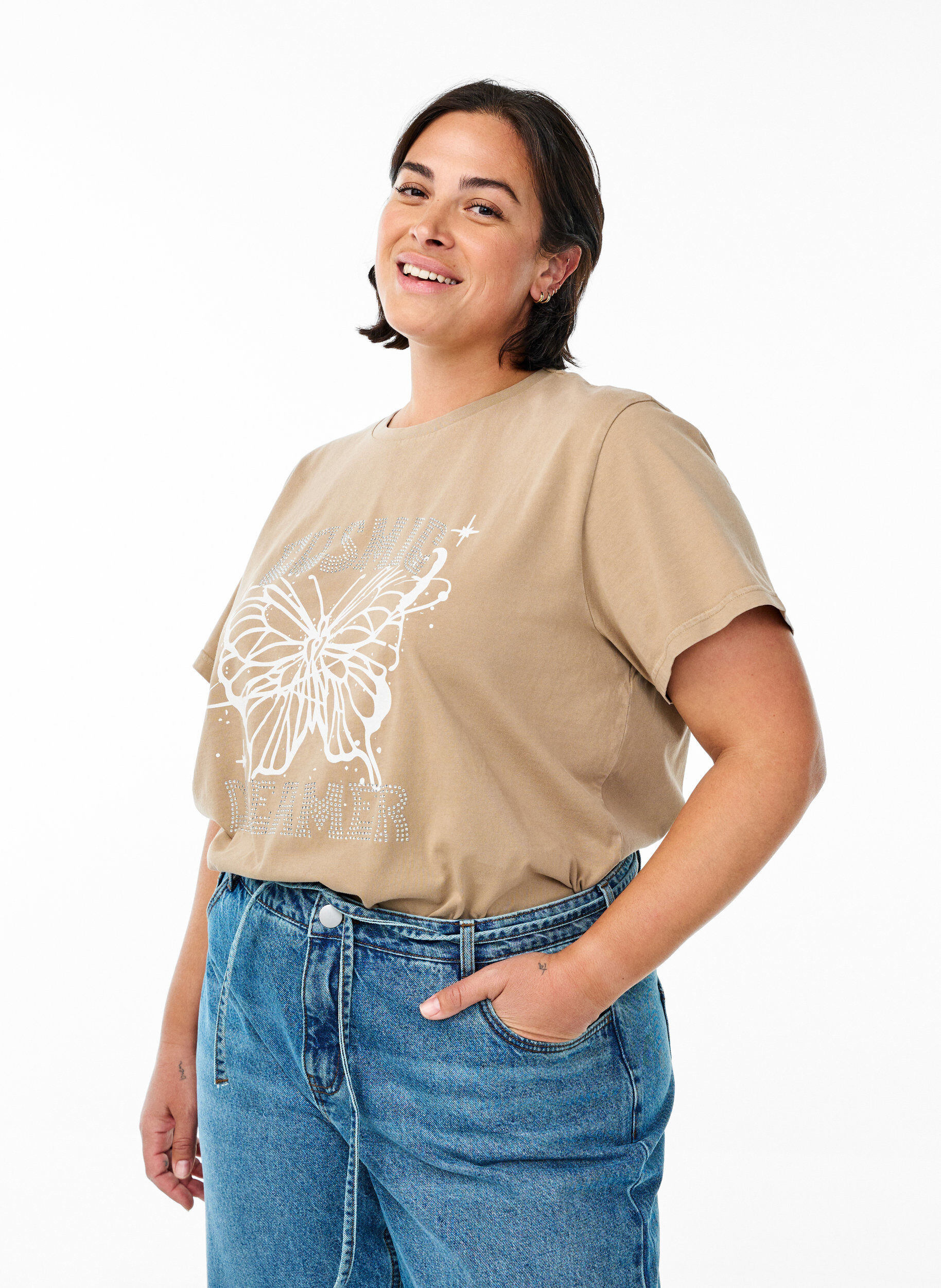 Biologisch katoenen T-shirt met strass en vlinder motief, Bruin, Model