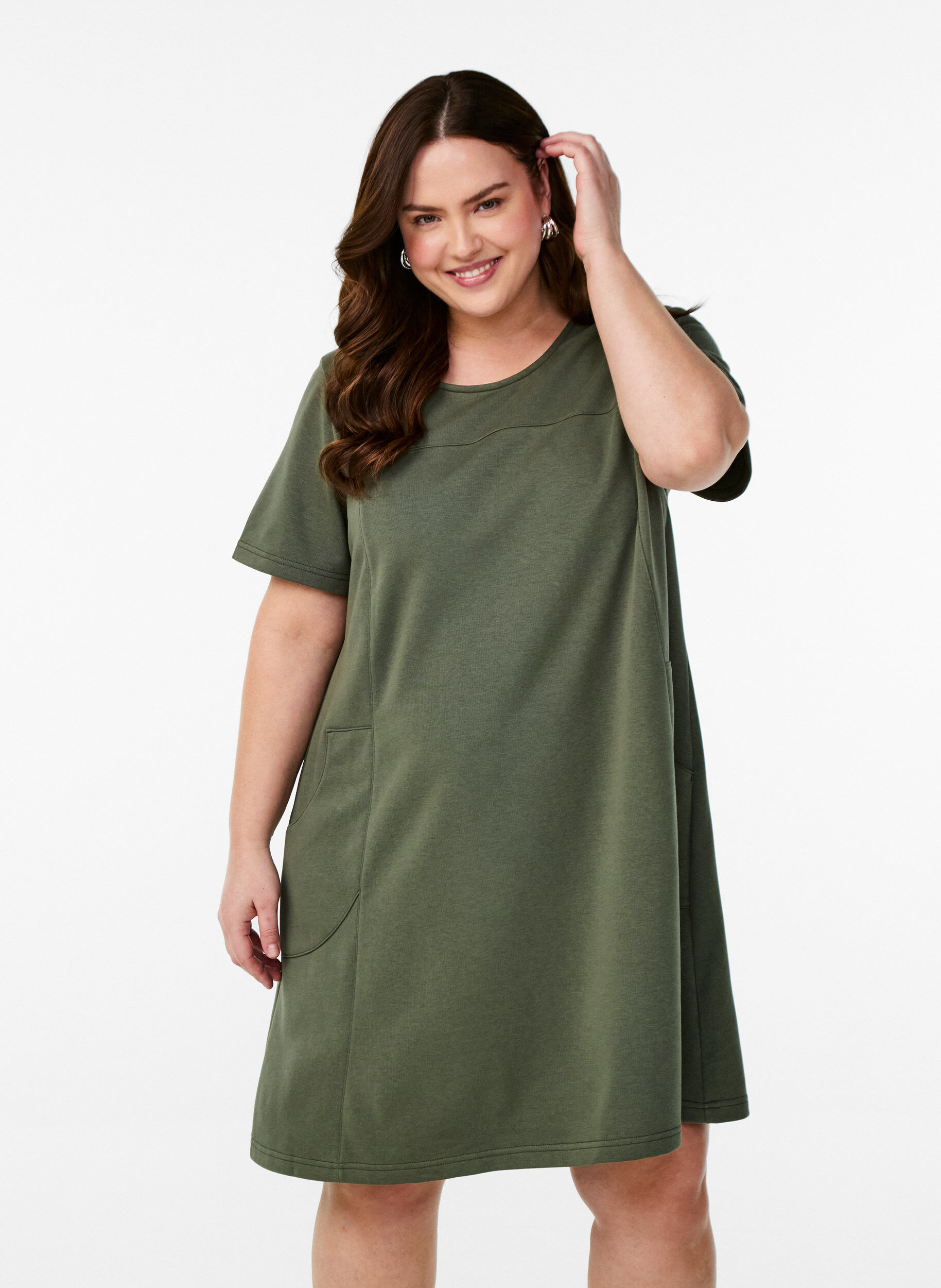Zizzi Jersey jurk met korte mouwen en zakken, Groen, Model image number 0