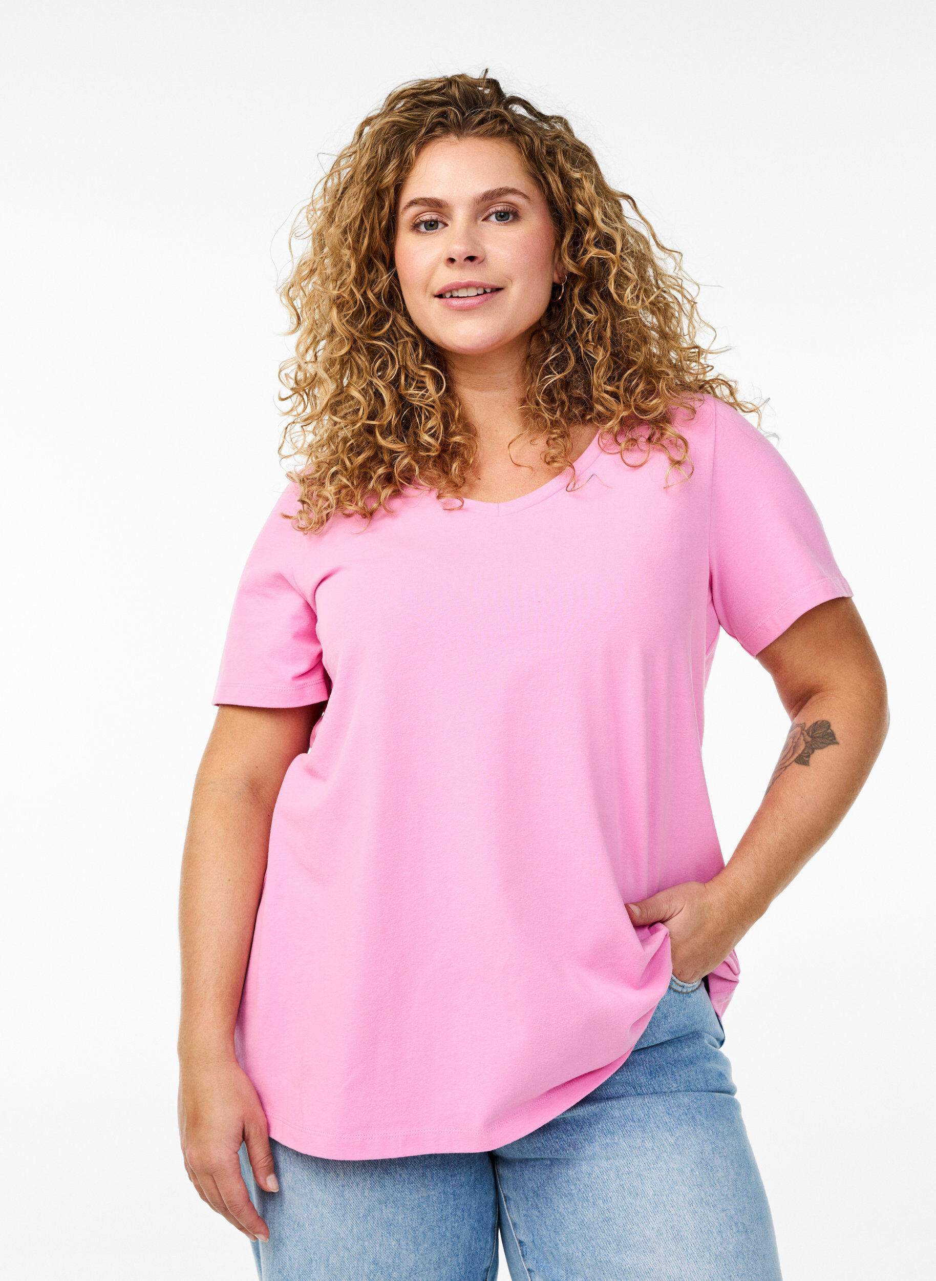 Basic effen katoenen t-shirt, Roze, Model