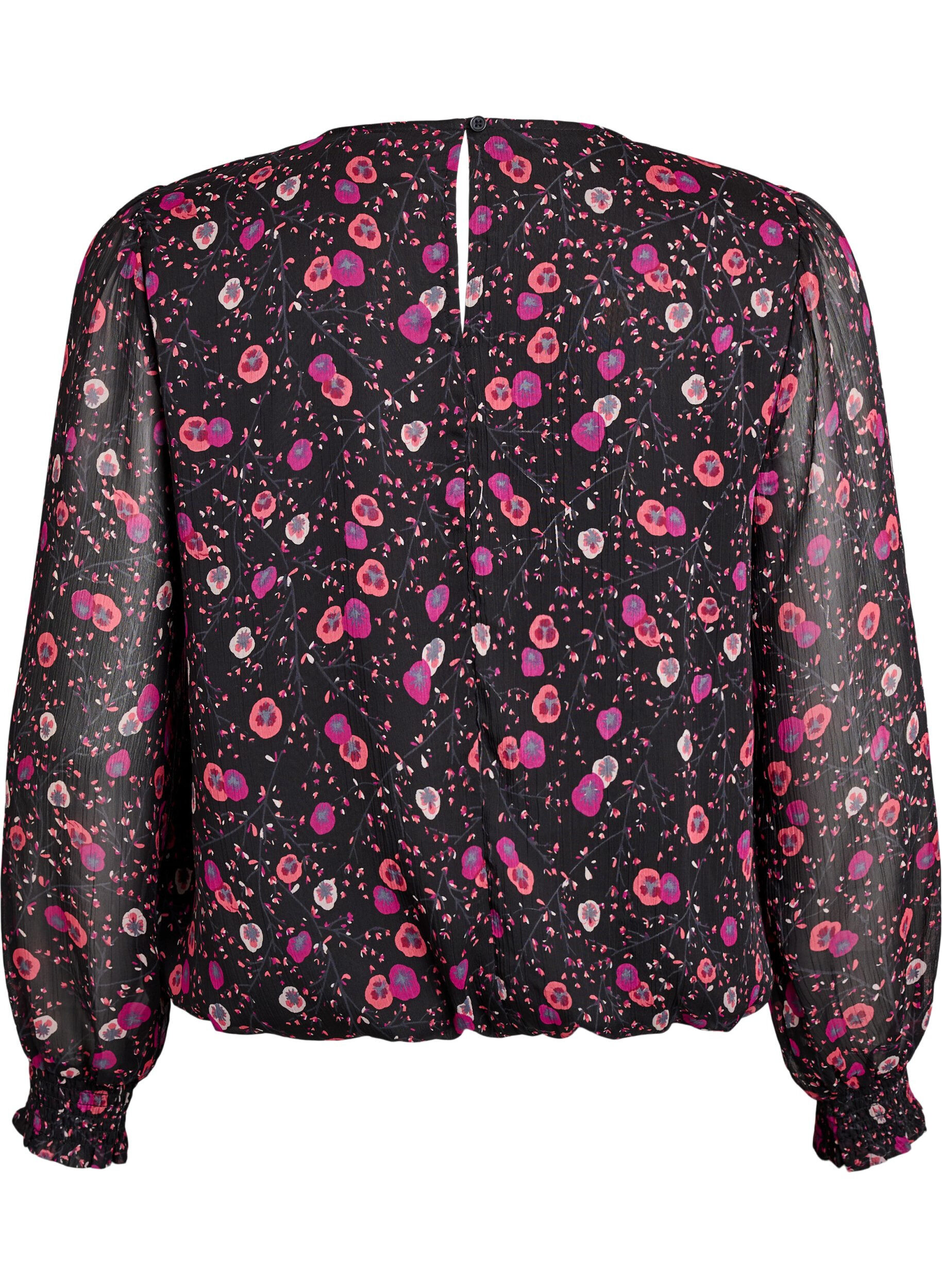 ZizziChiffon blouse met bloemenprint en sheer mouwen, Zwart, Packshot image number 1