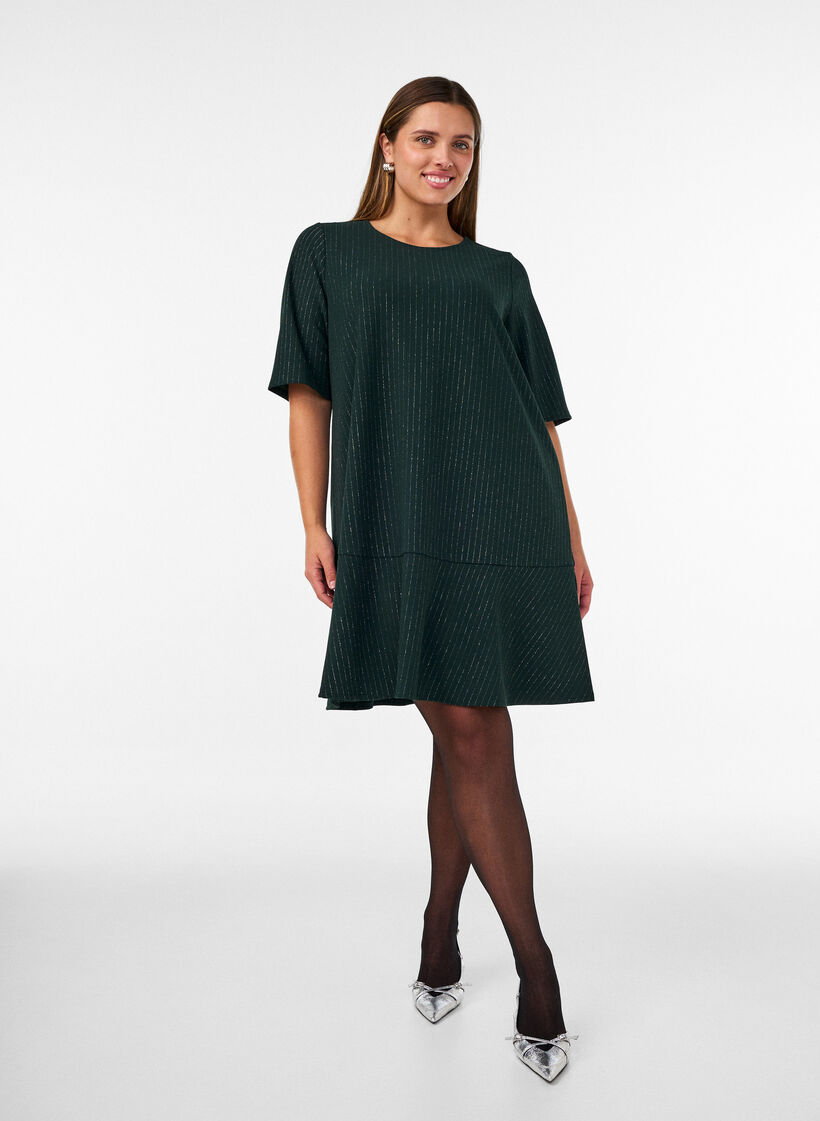 Korte A-lijnjurk met glitterstrepen, Groen, Model image number 1