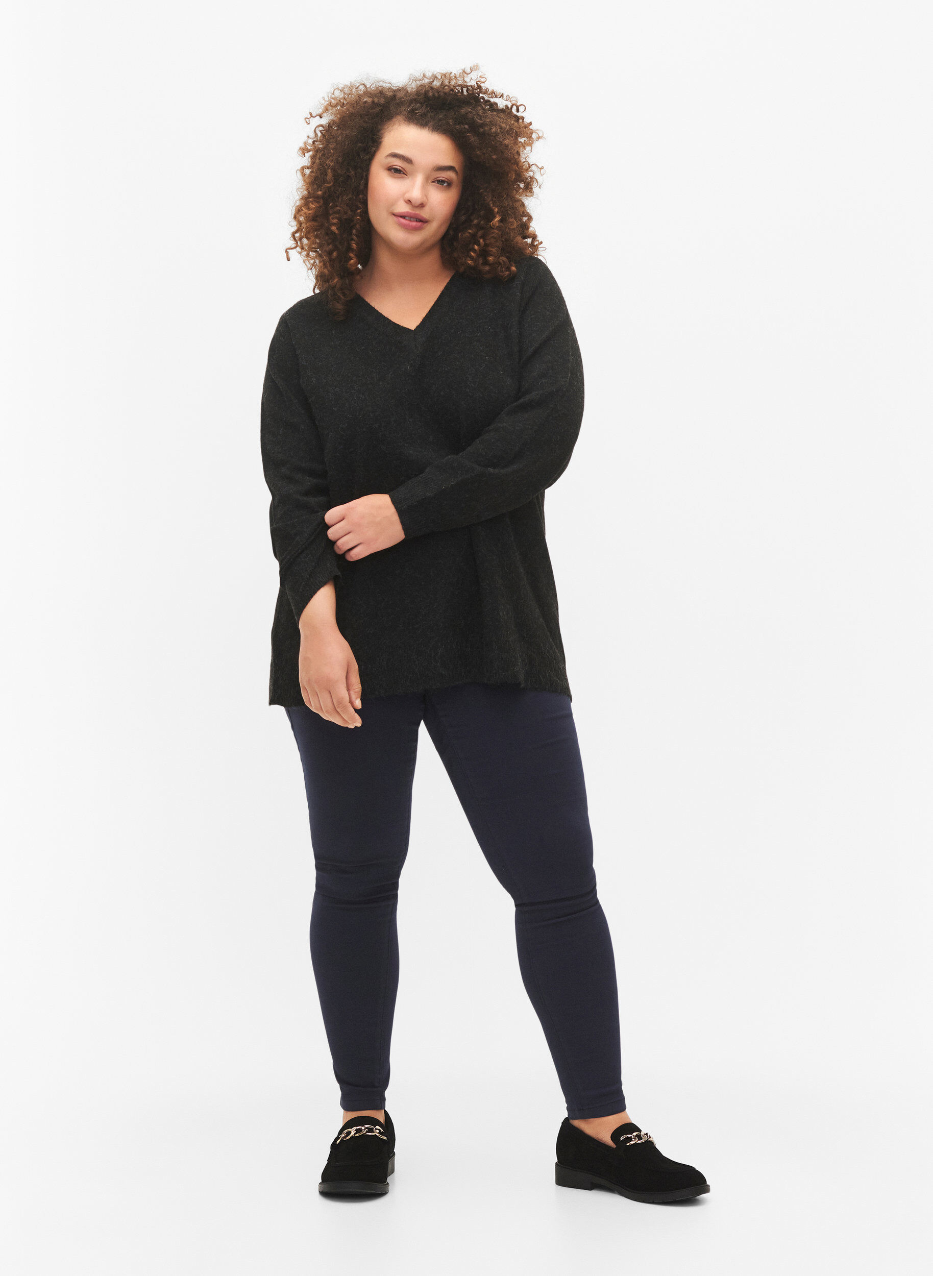 ZizziGemele&ecirc;rde trui met V-hals, Dark Grey Melange, Model image number 2