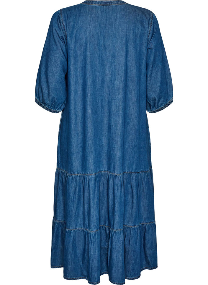 Denim maxi-jurk met gerimpelde lagen, Blauw, Packshot image number 1