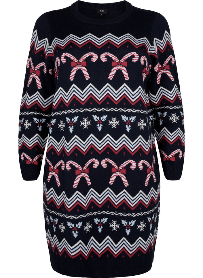 Lange mouwen gebreide jurk met een kerstmotief, Navy Blazer Comb, Packshot image number 0