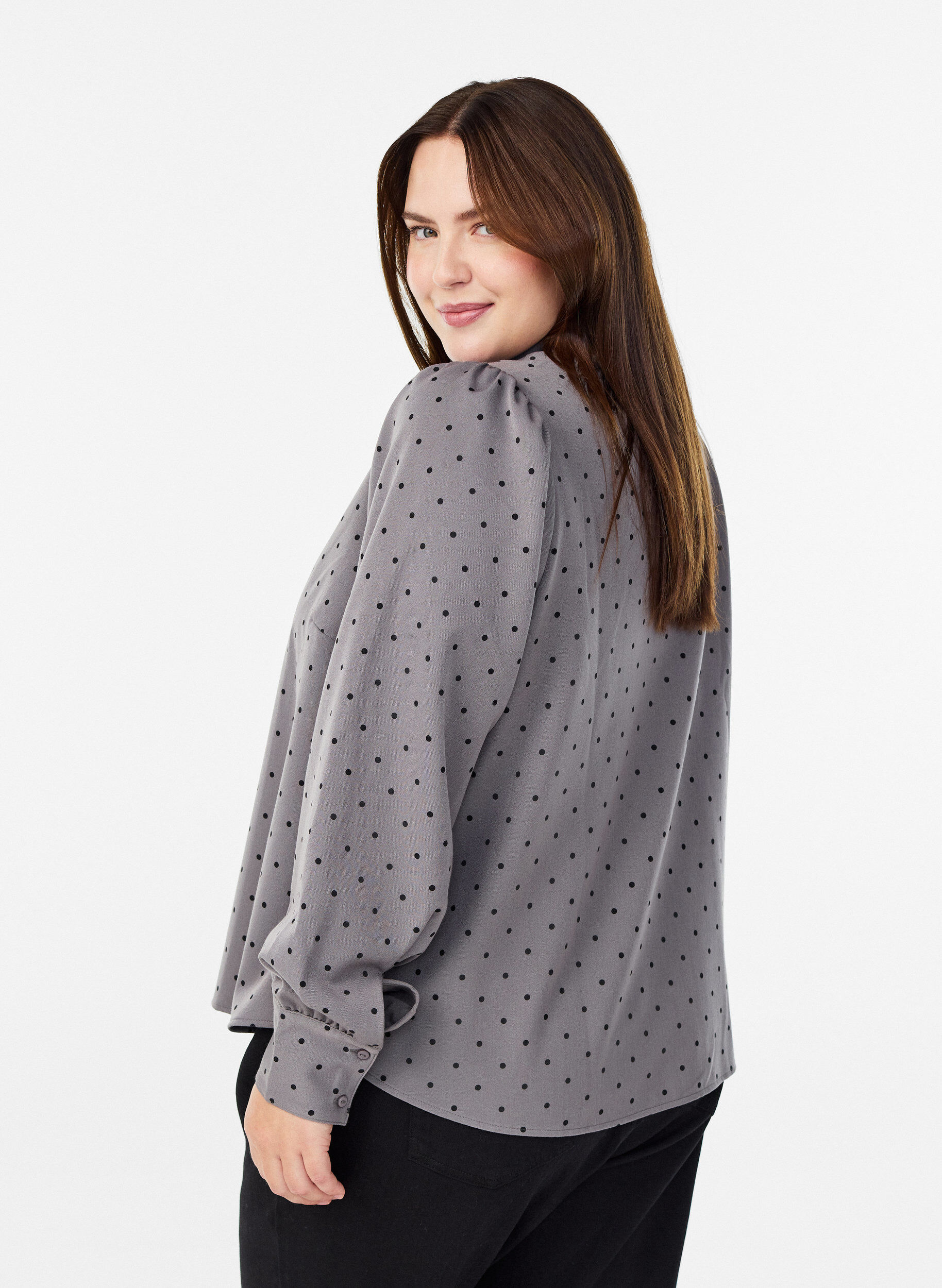 Zizzi Blouse met kraag en stippen, Grijs, Model image number 2