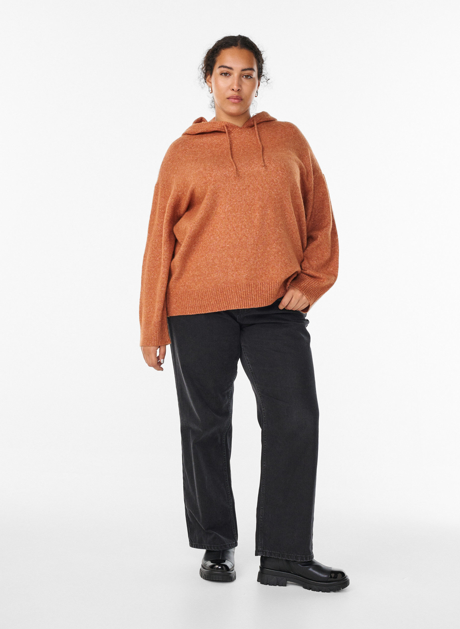 Zizzi Gebreide hoodie, Oranje, Model image number 1