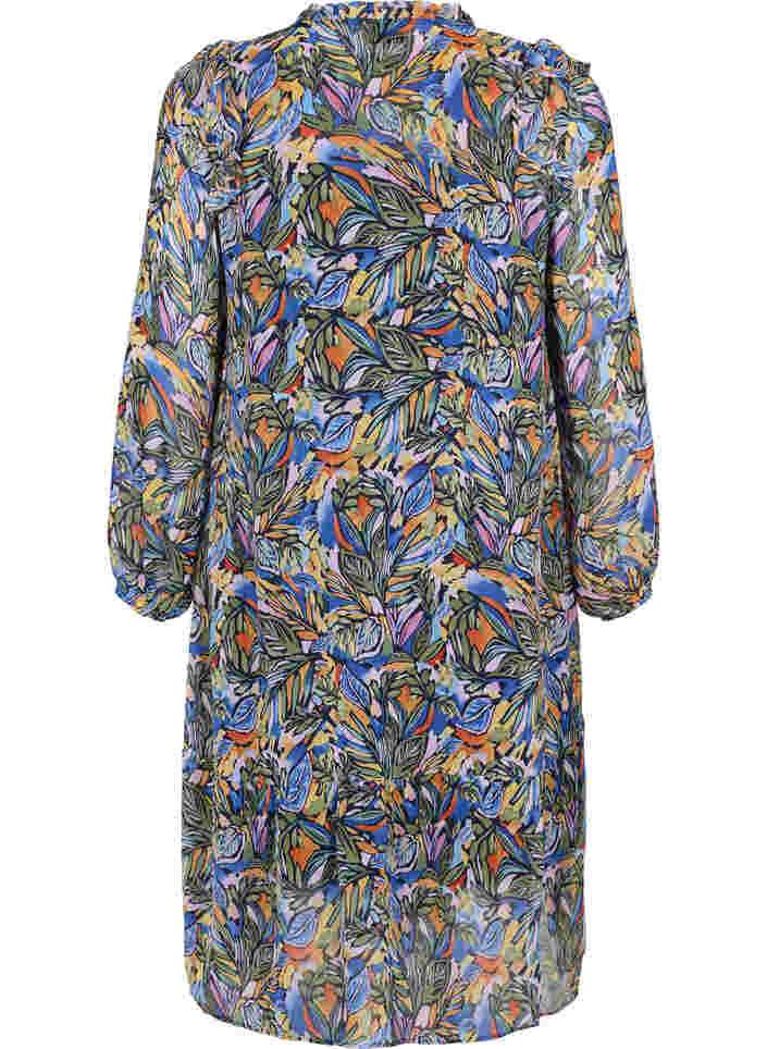 Kleurrijke midi-jurk met smock en lange mouwen, Vibrant Leaf, Packshot image number 1