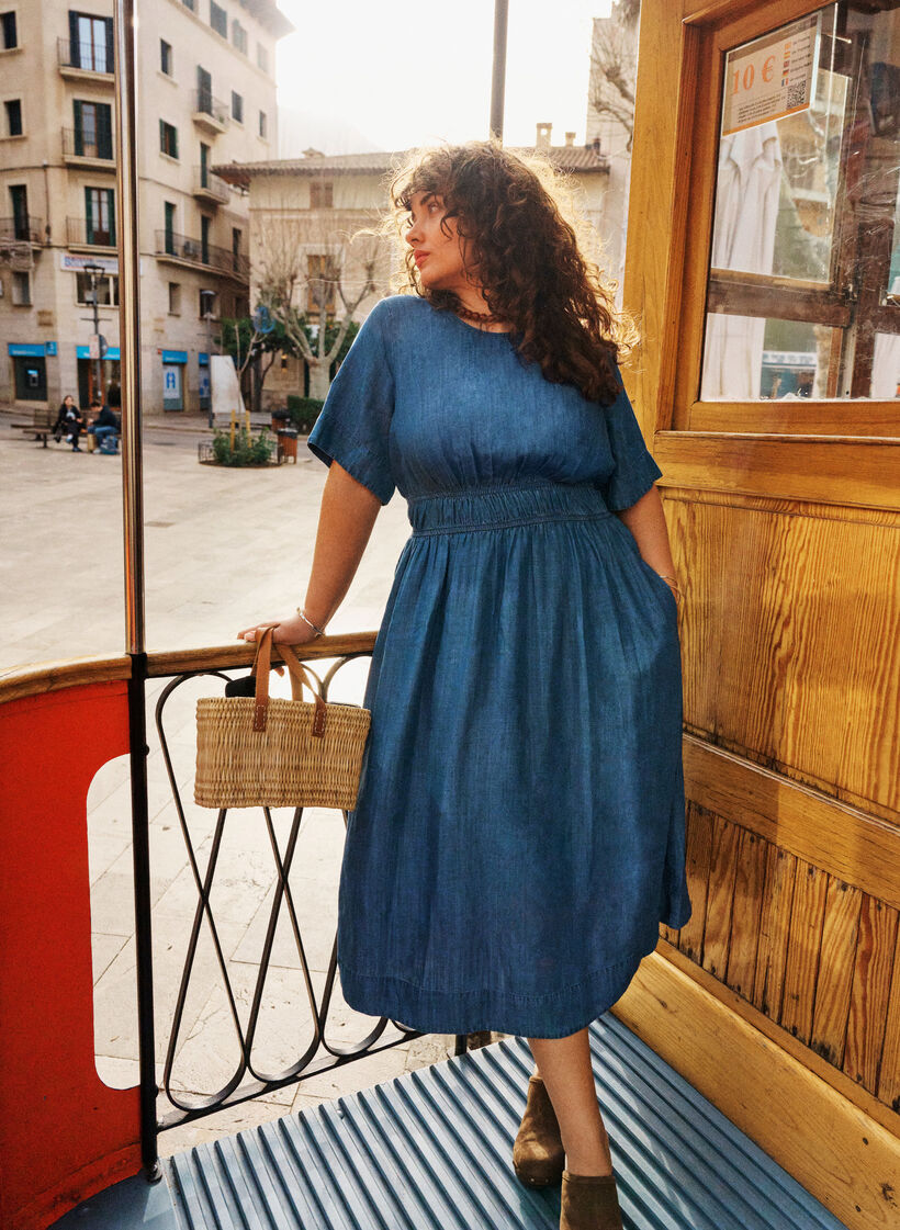 Midijurk in een denimlook met een elastische taille, Blauw, Image image number 0