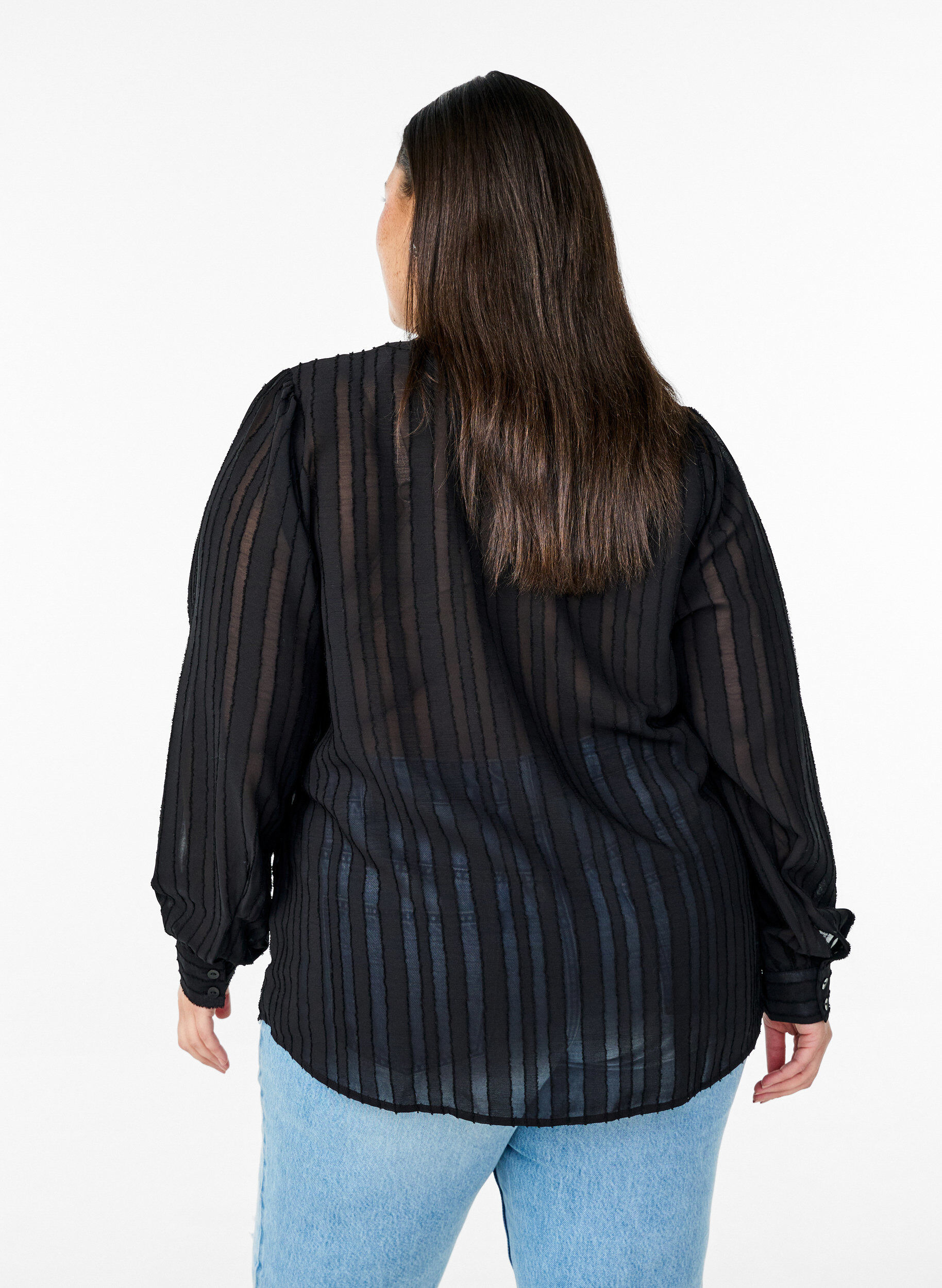 Zizzi Gestreepte blouse met transparante strepen, Zwart, Model image number 2