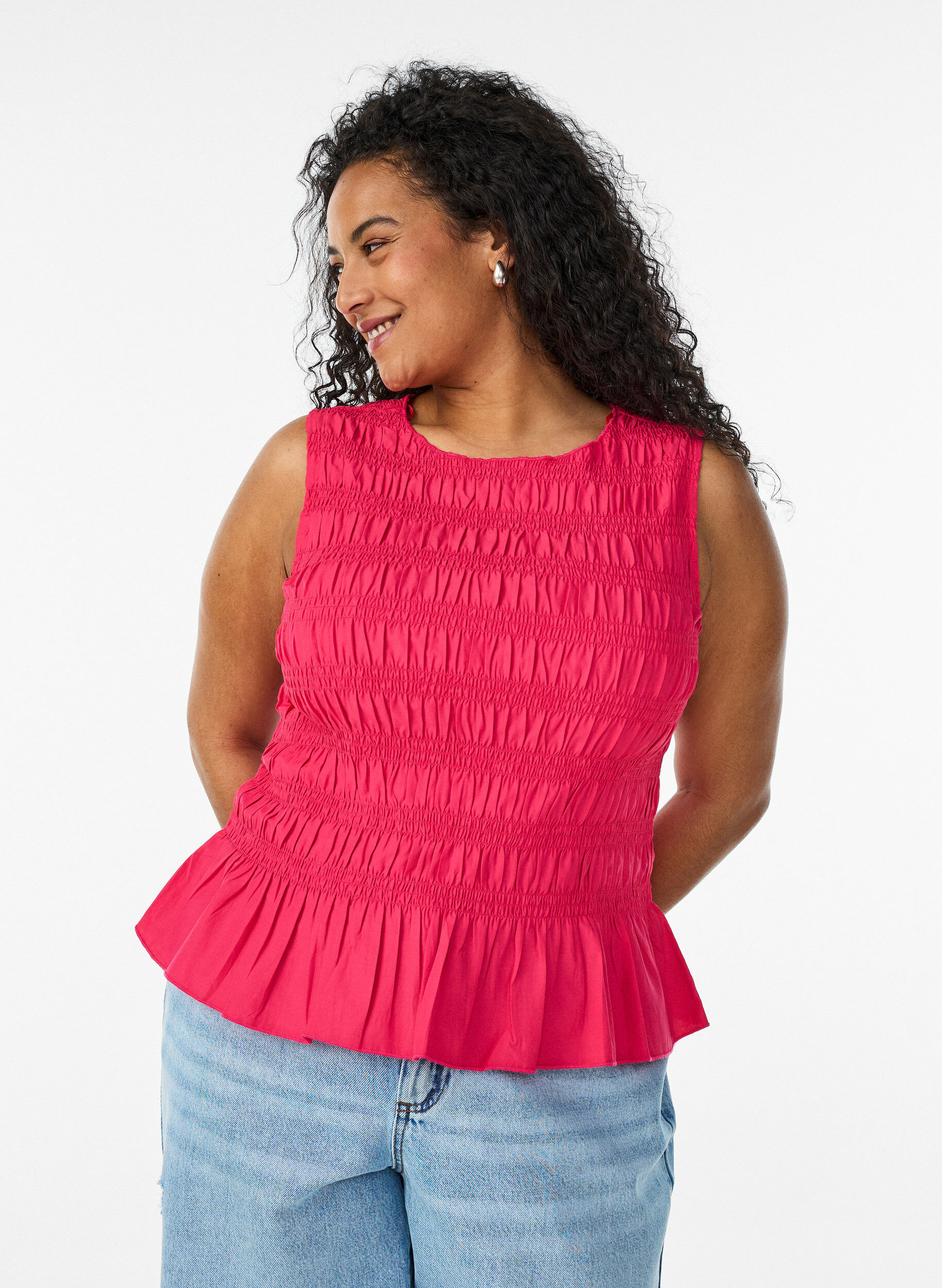 ZizziSmocktop met boothals en peplumzoom, Roze, Model image number 0