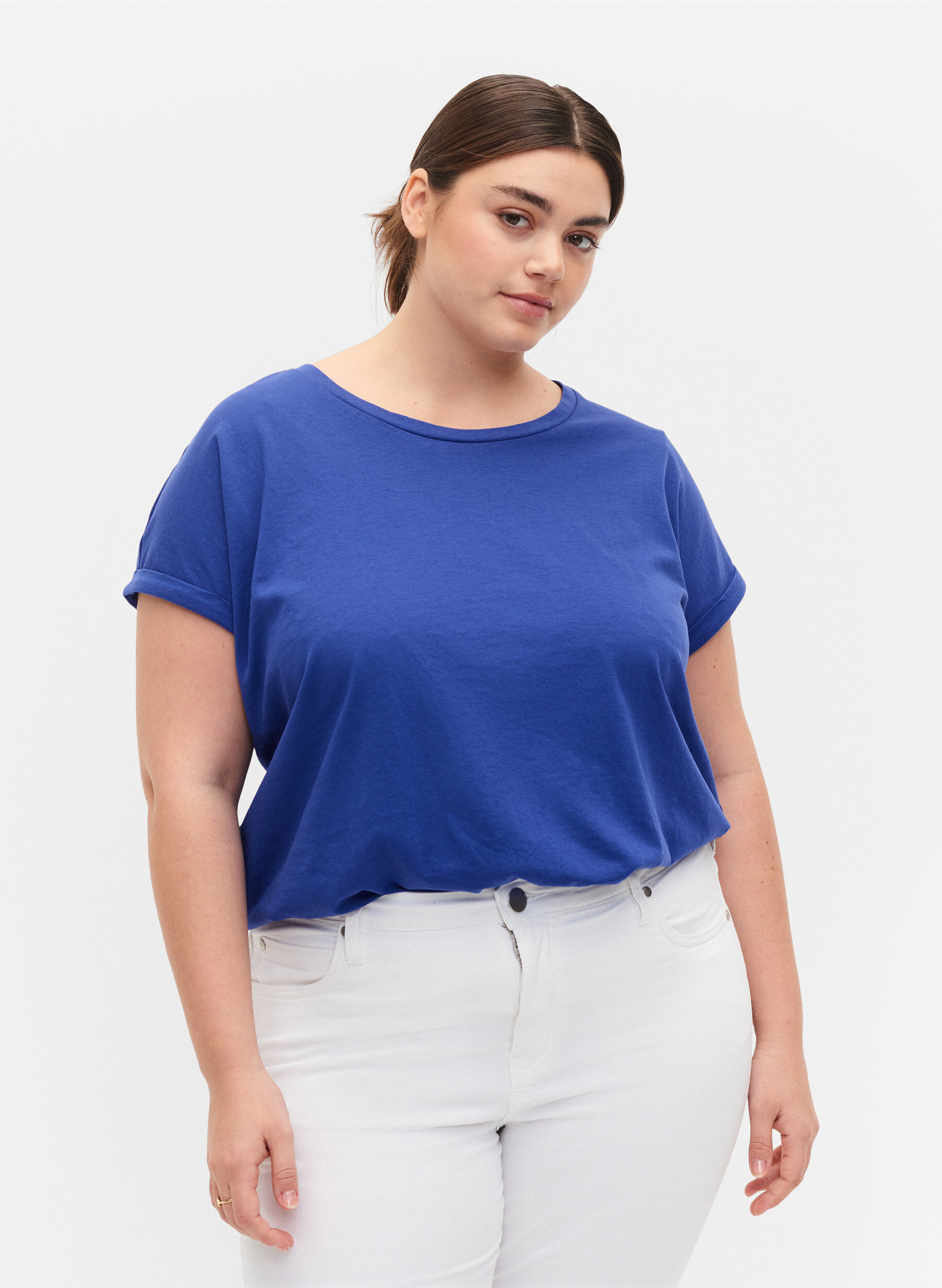 T-shirt met korte mouwen van katoenmix, Blauw, Model