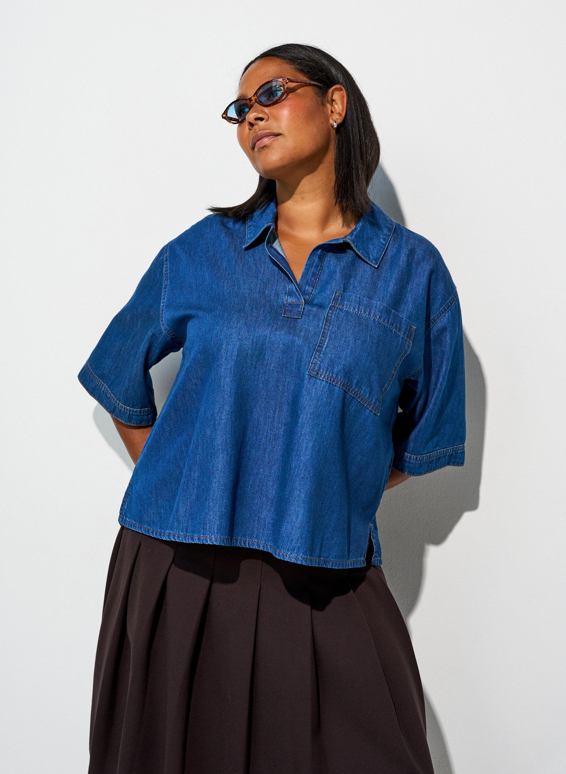 ZizziDenimblouse met borstzak en mouwen tot de elleboog, Blauw, Model image number 3