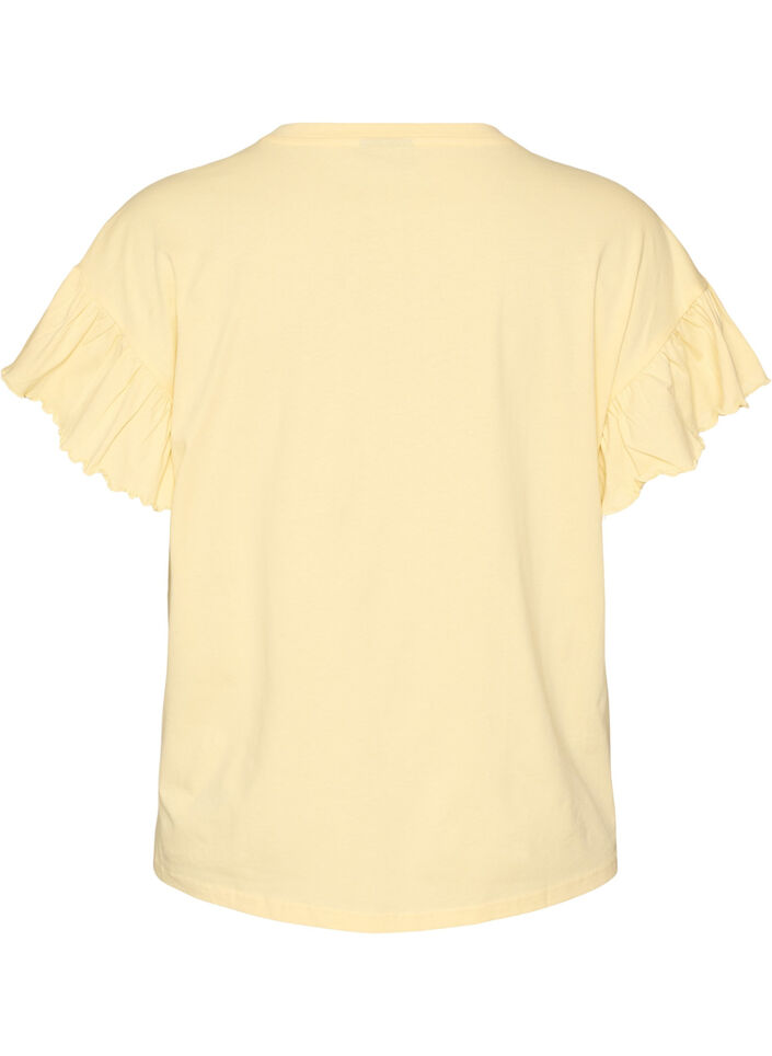 T-shirt van biologisch katoen met ruches mouwen, Geel, Packshot image number 1