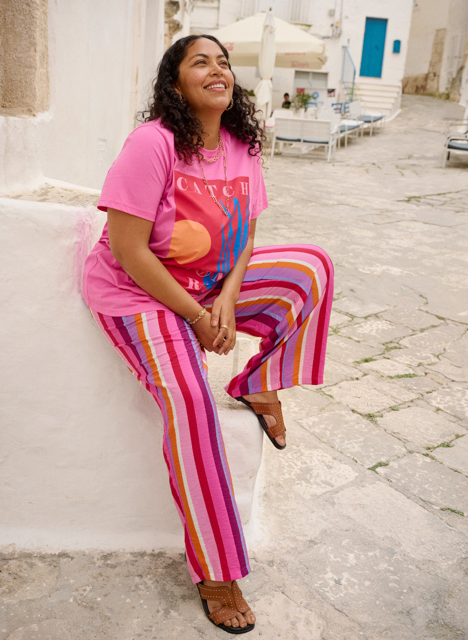 Zizzi Losse viscose broek met strepen, Roze, Image image number 0