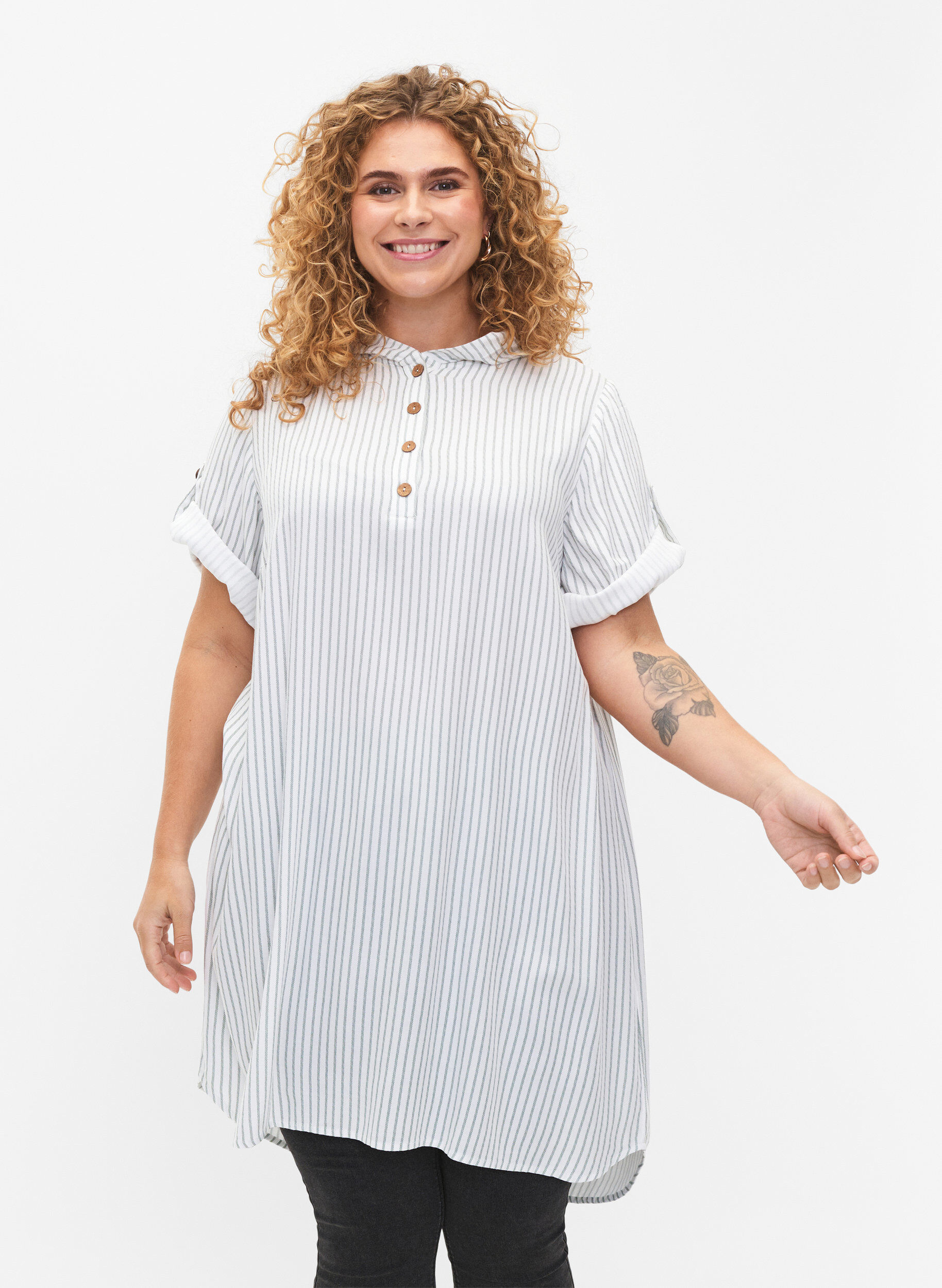 Zizzi Tuniek van viscose met korte mouwen en capuchon, Chinois Green Stripe, Model image number 0