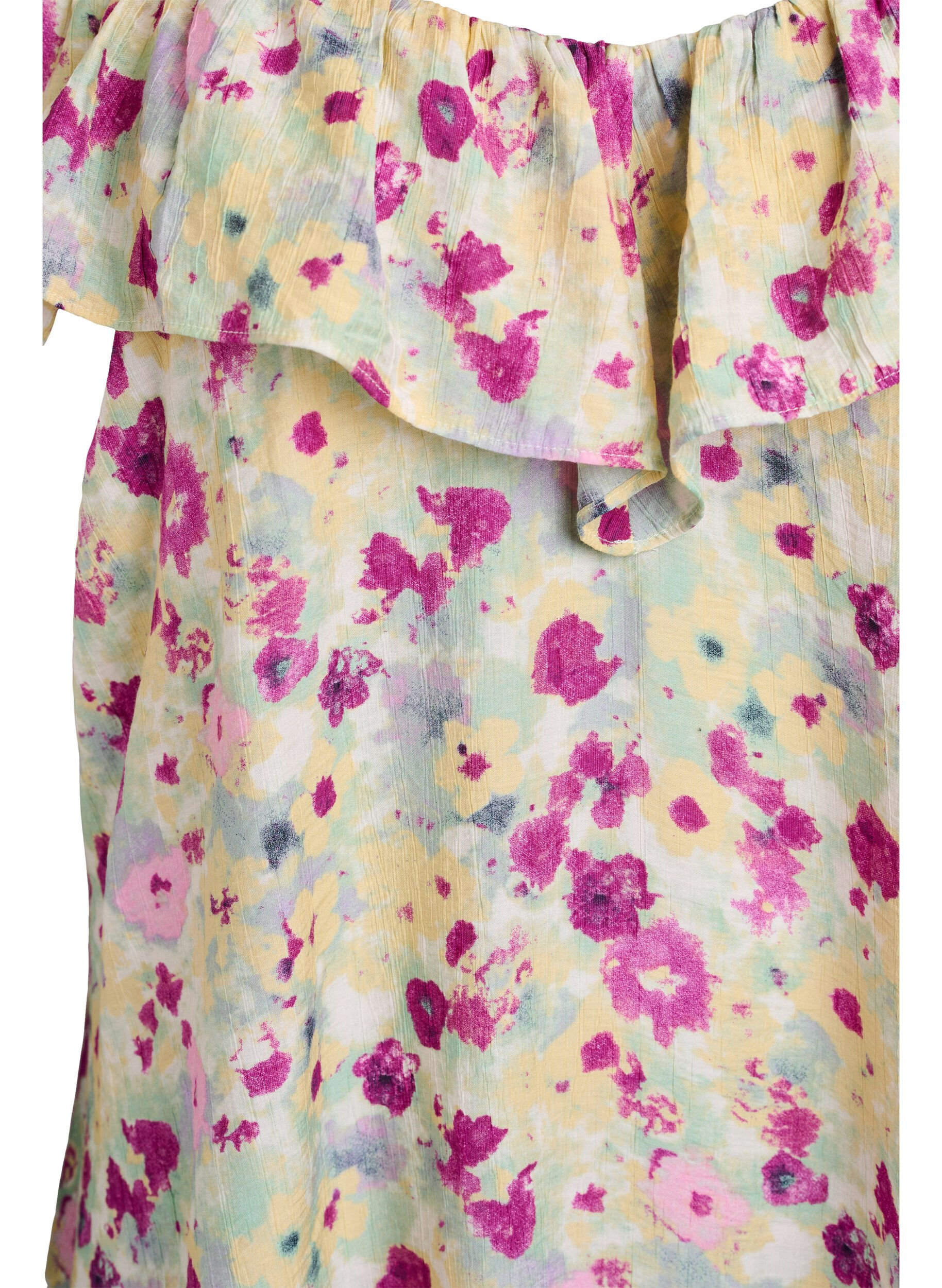 Zizzi Midi jurk met bloemen en ruches bij de schouder, Vanille, Packshot image number 2