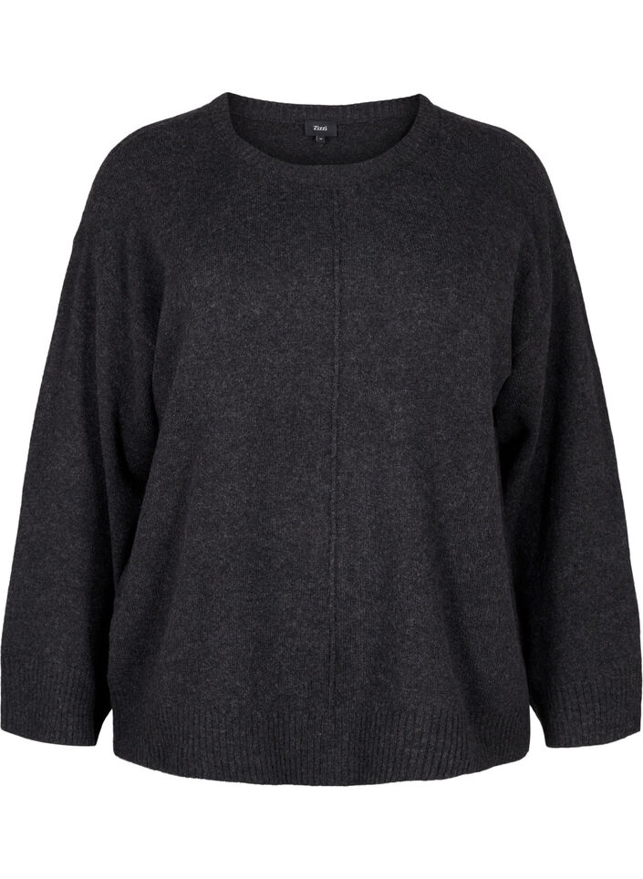 Gebreide blouse met ronde hals en middennaad, Dark Grey Melange, Packshot image number 0