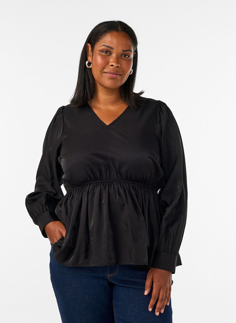 Glanzende viscose blouse met peplumeffect, Zwart, Model image number 0
