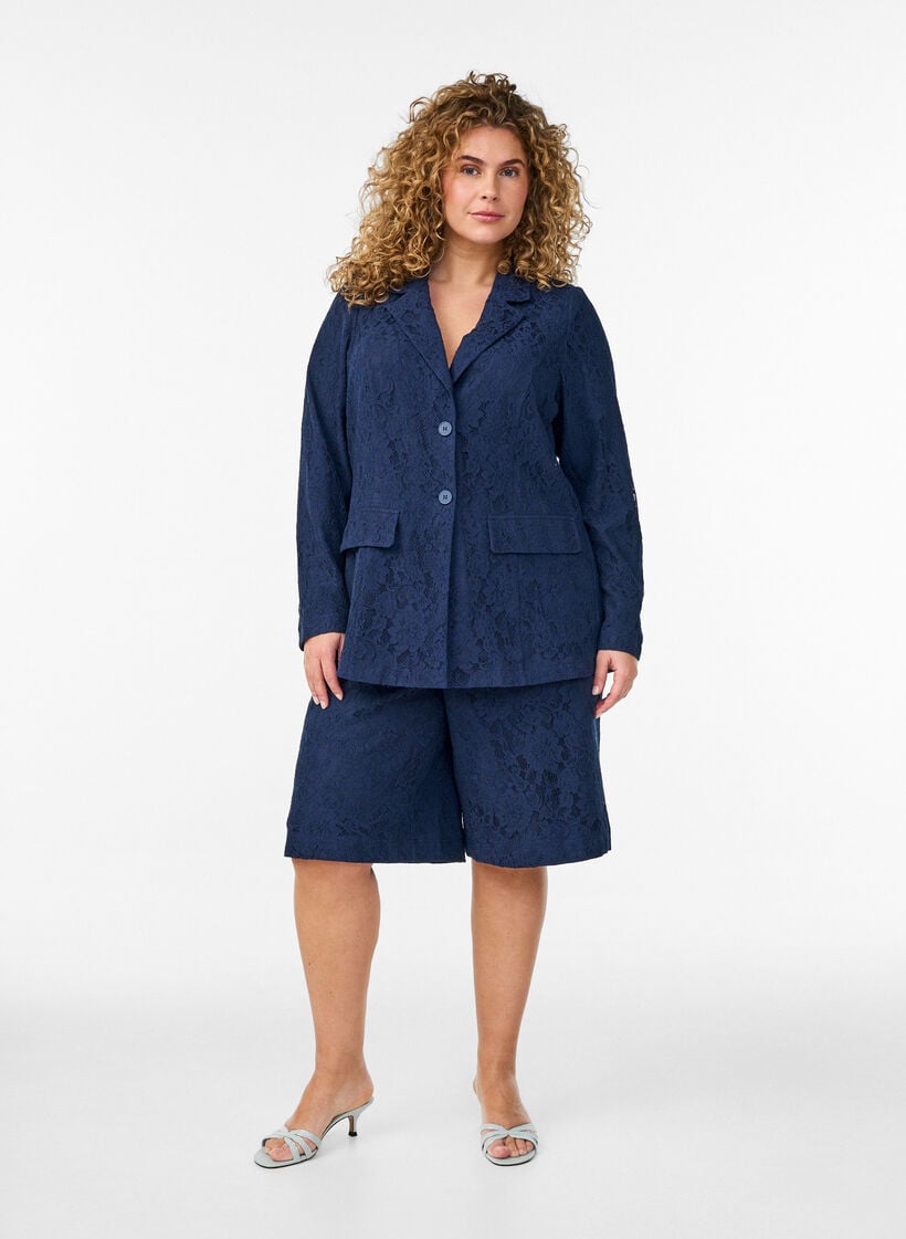 Kanten blazer met knoopsluiting, Blauw, Model image number 1