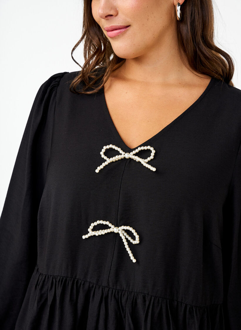 Blouse met parelsstrikken en lange mouwen, Black, Model image number 2