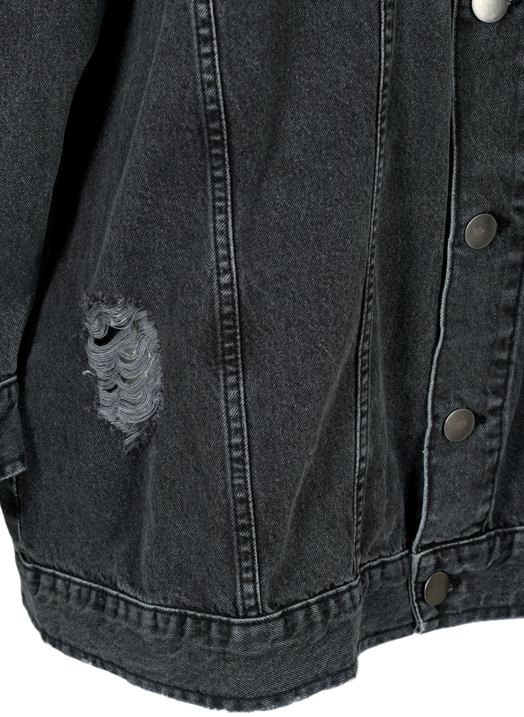 Zizzi Loszittend denim jack met slijtagedetails, Dark Grey Denim, Packshot image number 3