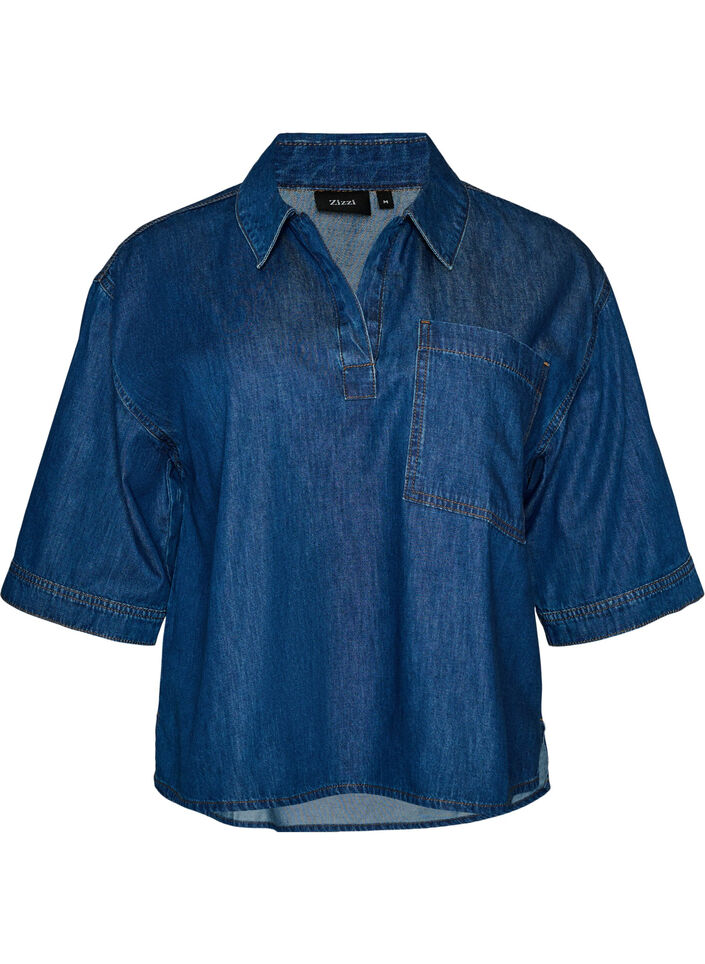 Denimblouse met borstzak en mouwen tot de elleboog, Blauw, Packshot image number 0