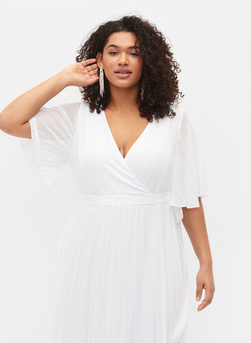 Geplooide midi jurk met korte mouwen, Star White, Model image number 2