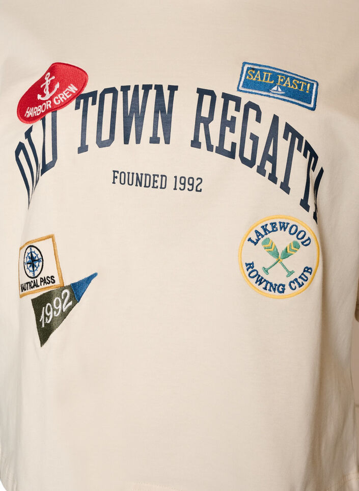 T-shirt met tekstprint en badges, Beige, Packshot image number 2