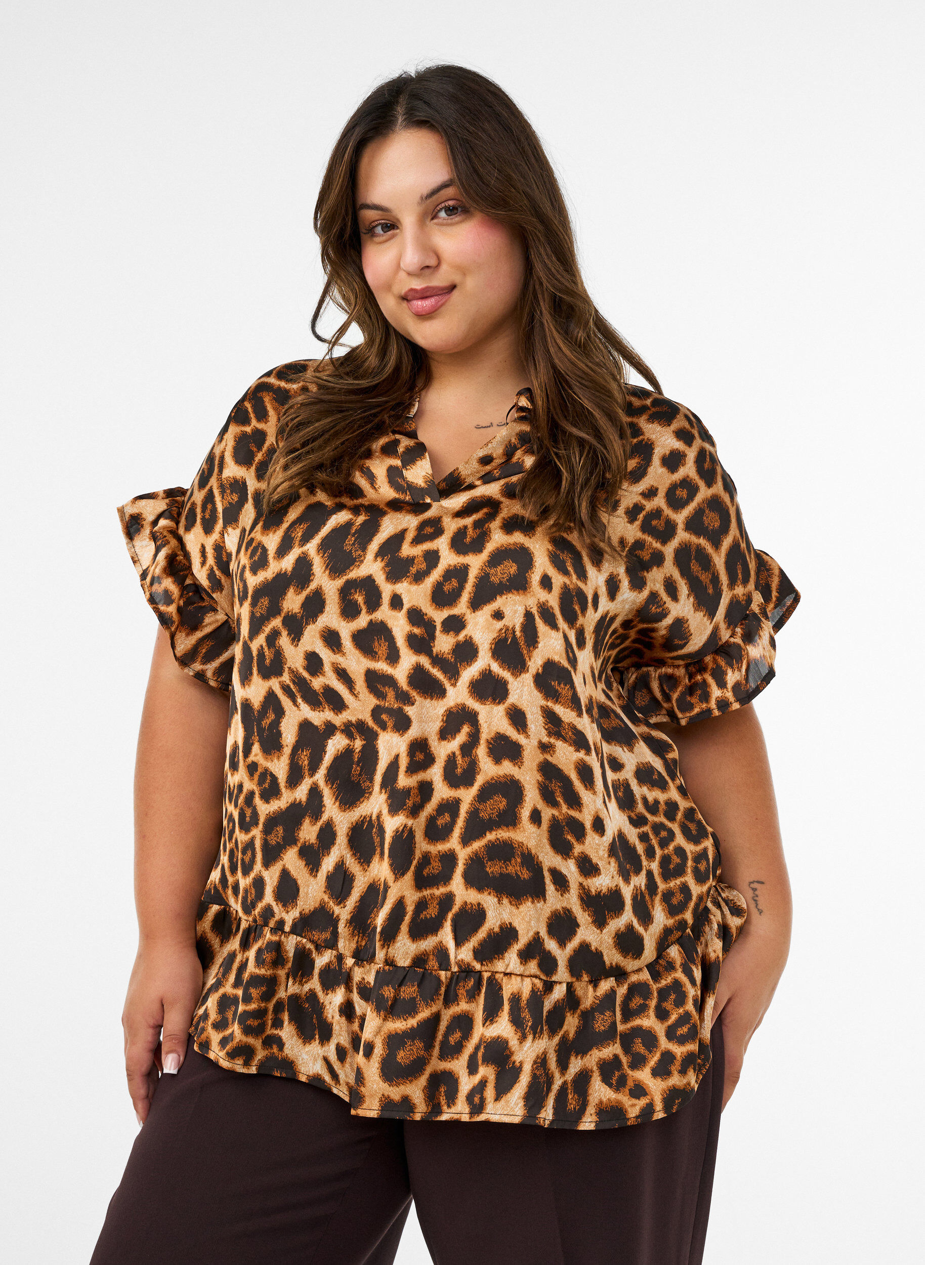 ZizziBlouse met luipaardprint en ruches, Bruin, Model image number 0