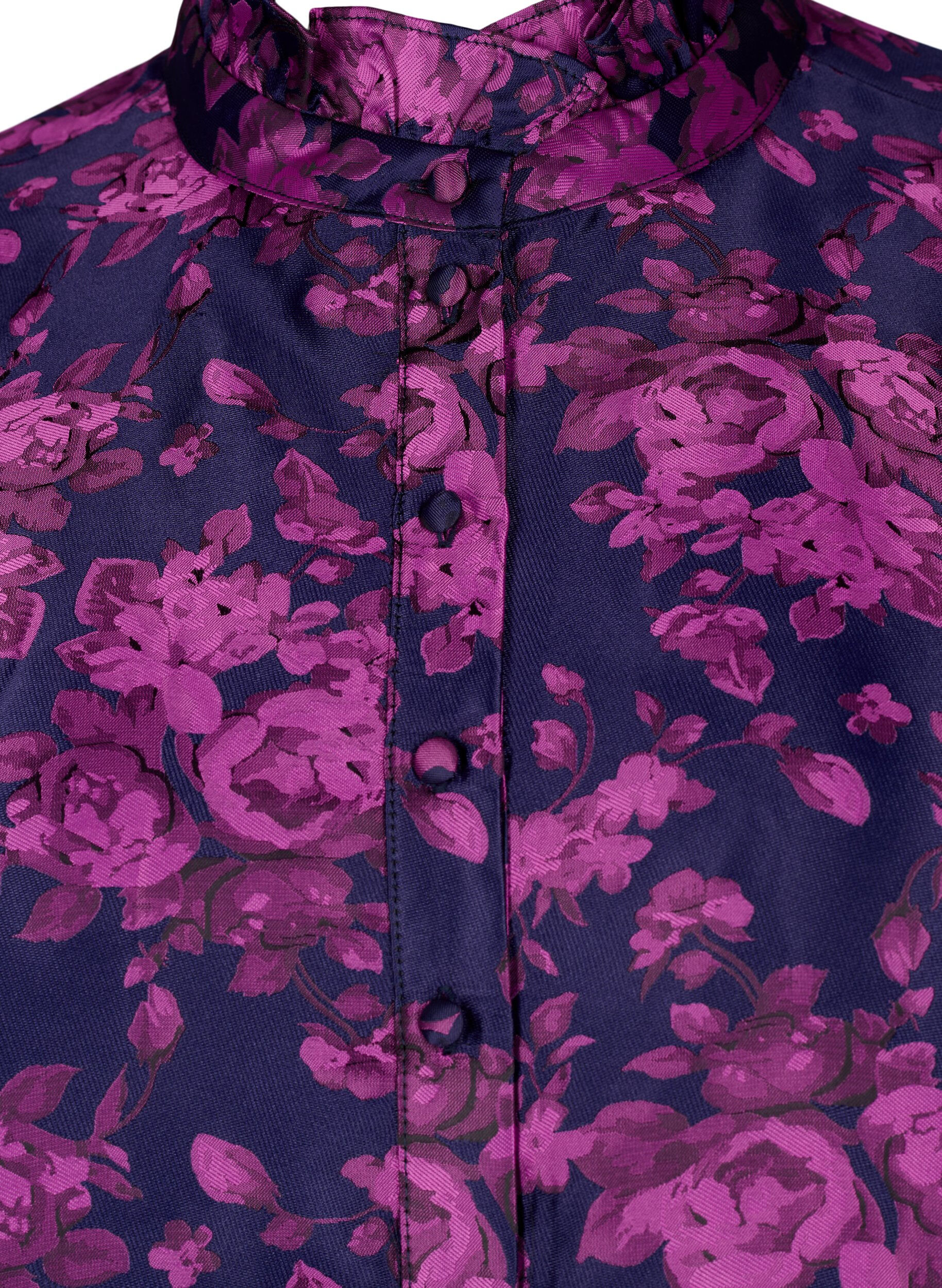 Zizzi Gebloemde jacquard blouse met ruches, Dark Blue Pink, Packshot image number 2