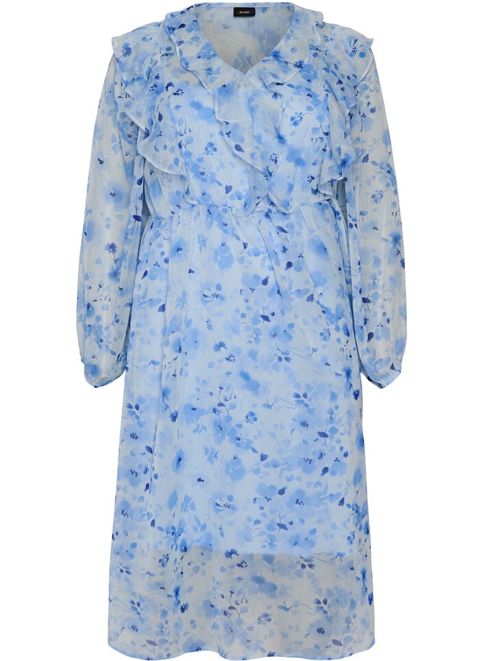 Chiffonjurk met bloemenprint, ruches en lange mouwen, Blauw, Packshot