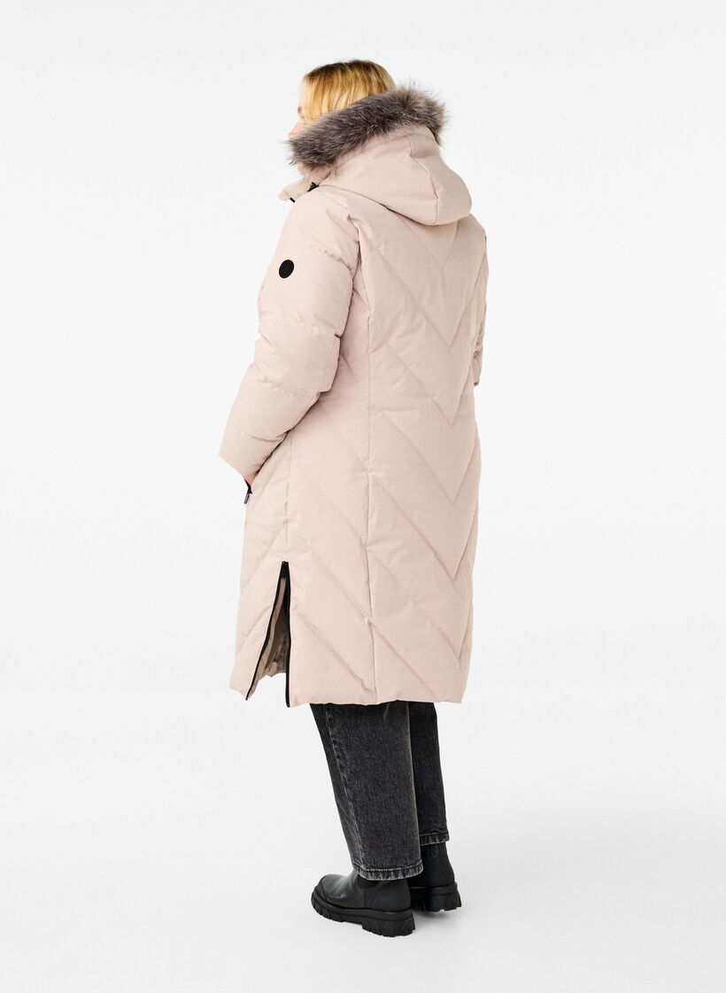 Lange winterjas met haaksluitingen en een nep bontkraag, Beige, Model image number 2