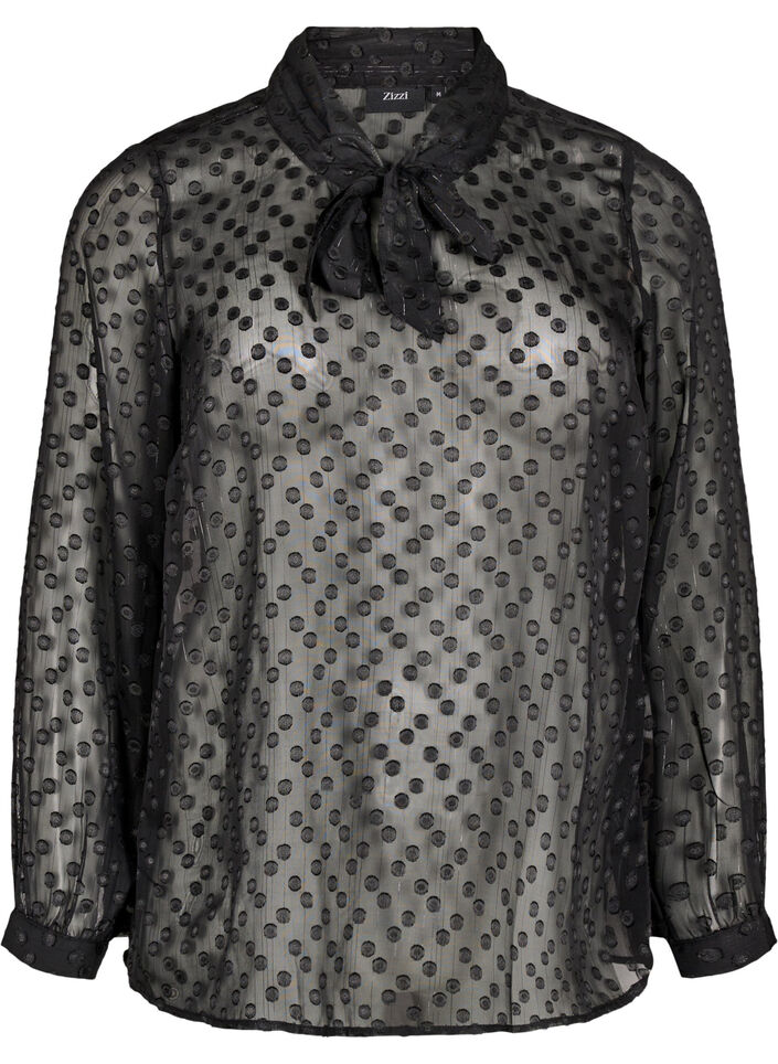 Chiffon blouse met een gestippelde textuur, Black, Packshot image number 0