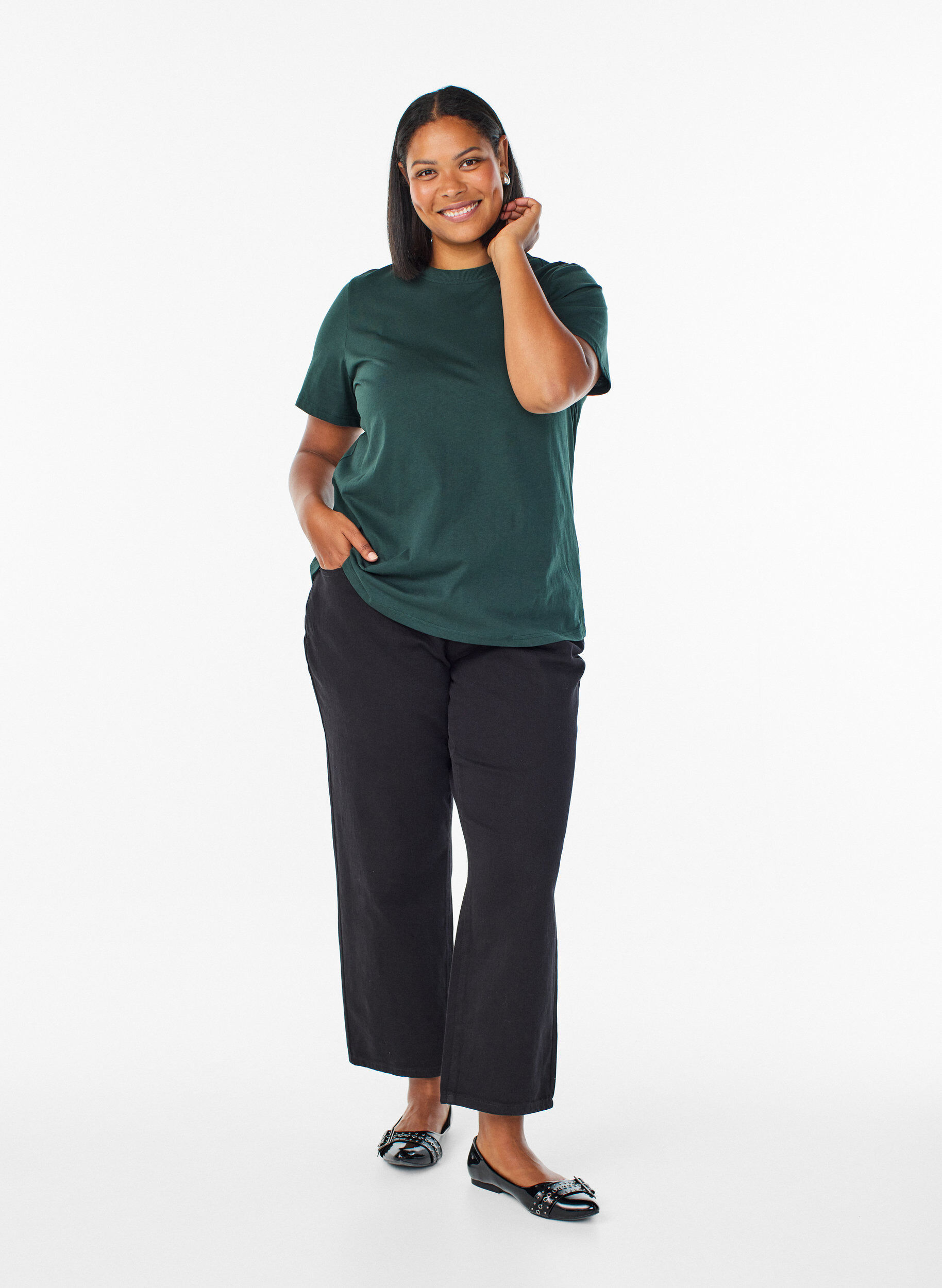 ZizziBasic katoenen T-shirt met ronde hals, Groen, Model image number 1