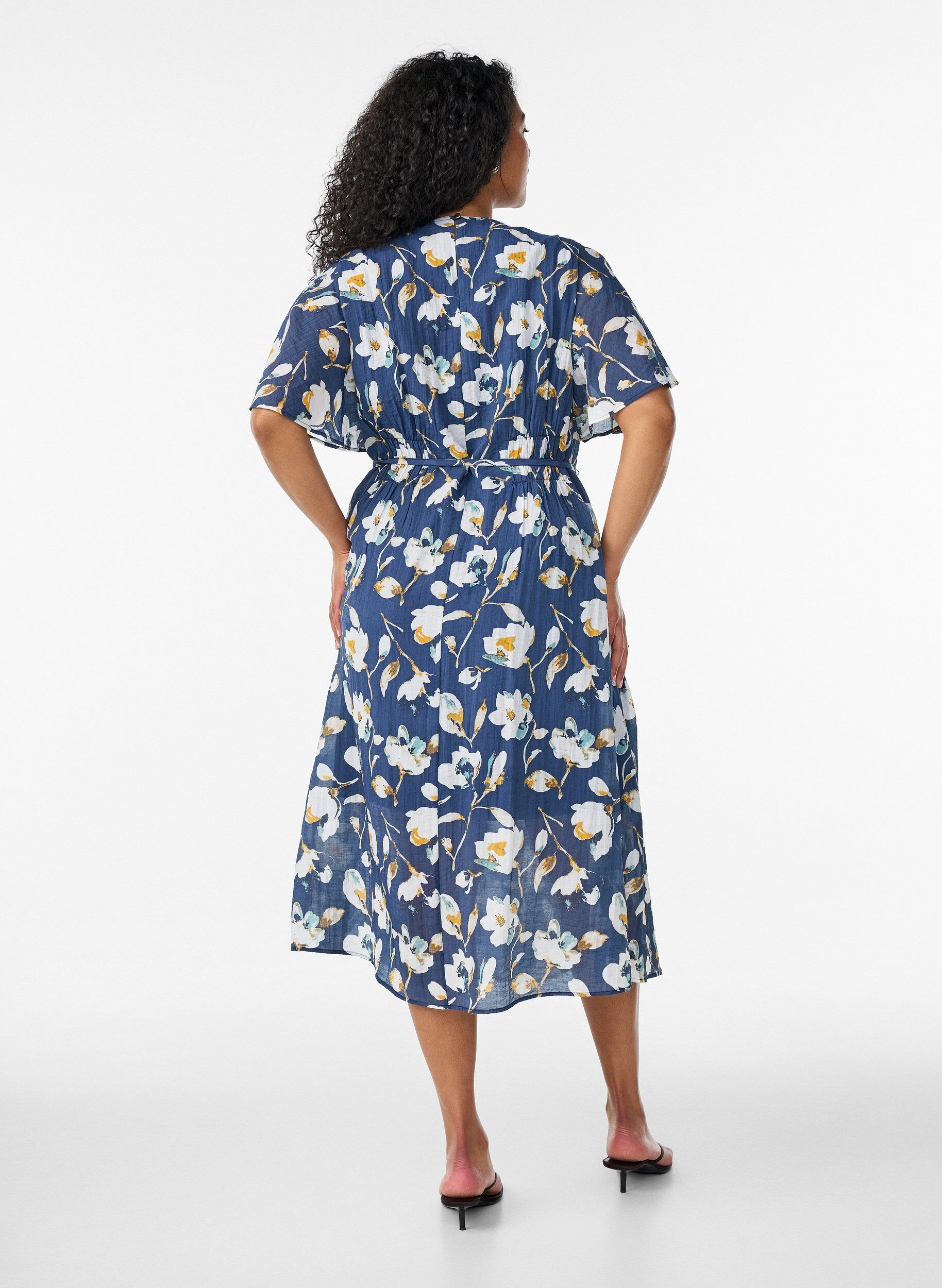 ZizziEnkellange jurk met vlindermouwen en strikceintuur, Blauw, Model image number 1
