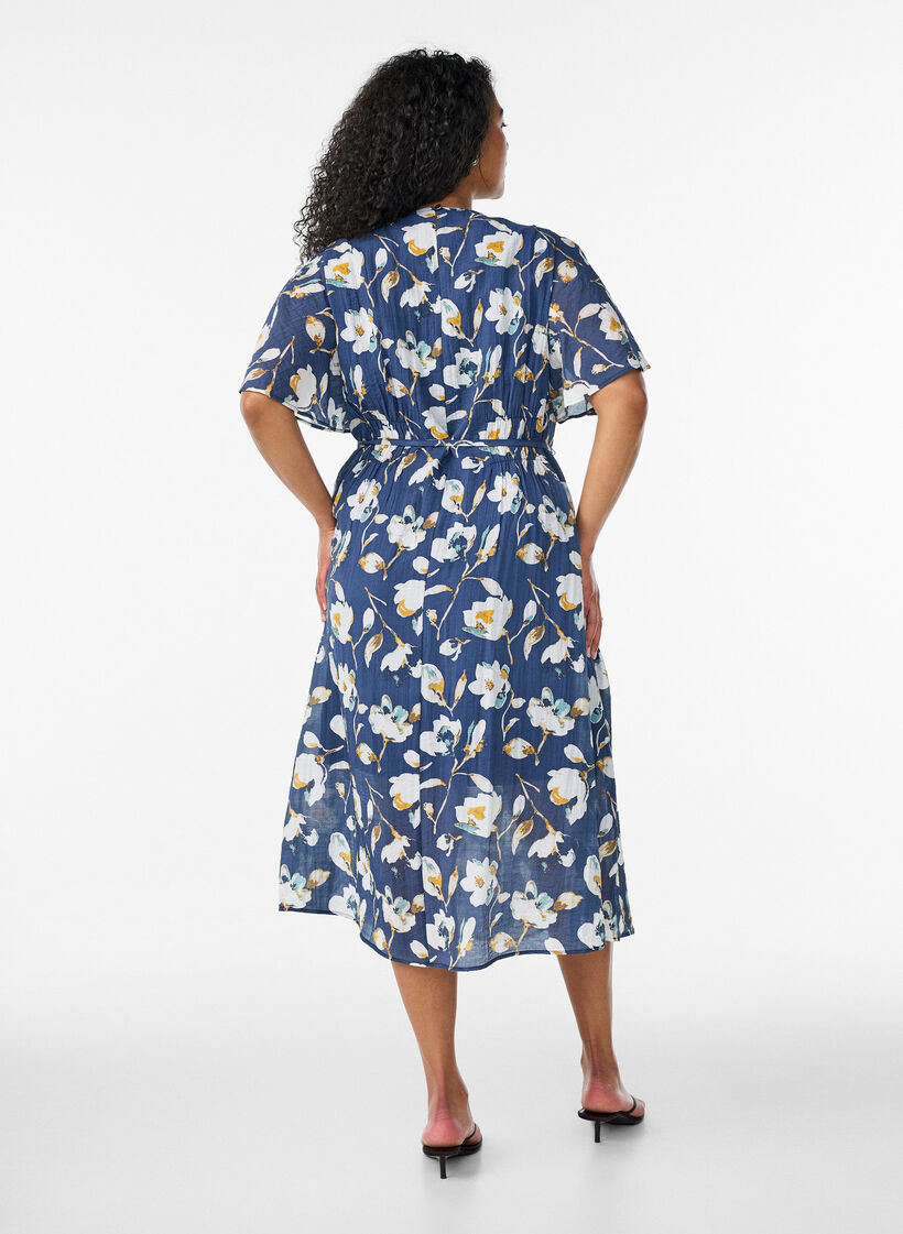 Enkellange jurk met vlindermouwen en strikceintuur, Blauw, Model image number 1