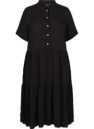 Viscose midi-jurk met korte mouwen, Black solid 