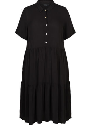 Viscose midi-jurk met korte mouwen, Black solid , Packshot image number 0