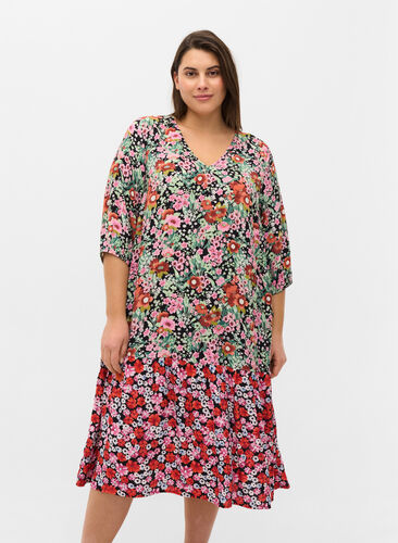 Gebloemde viscose jurk met 3/4 mouwen, Flower AOP Mix, Model image number 0