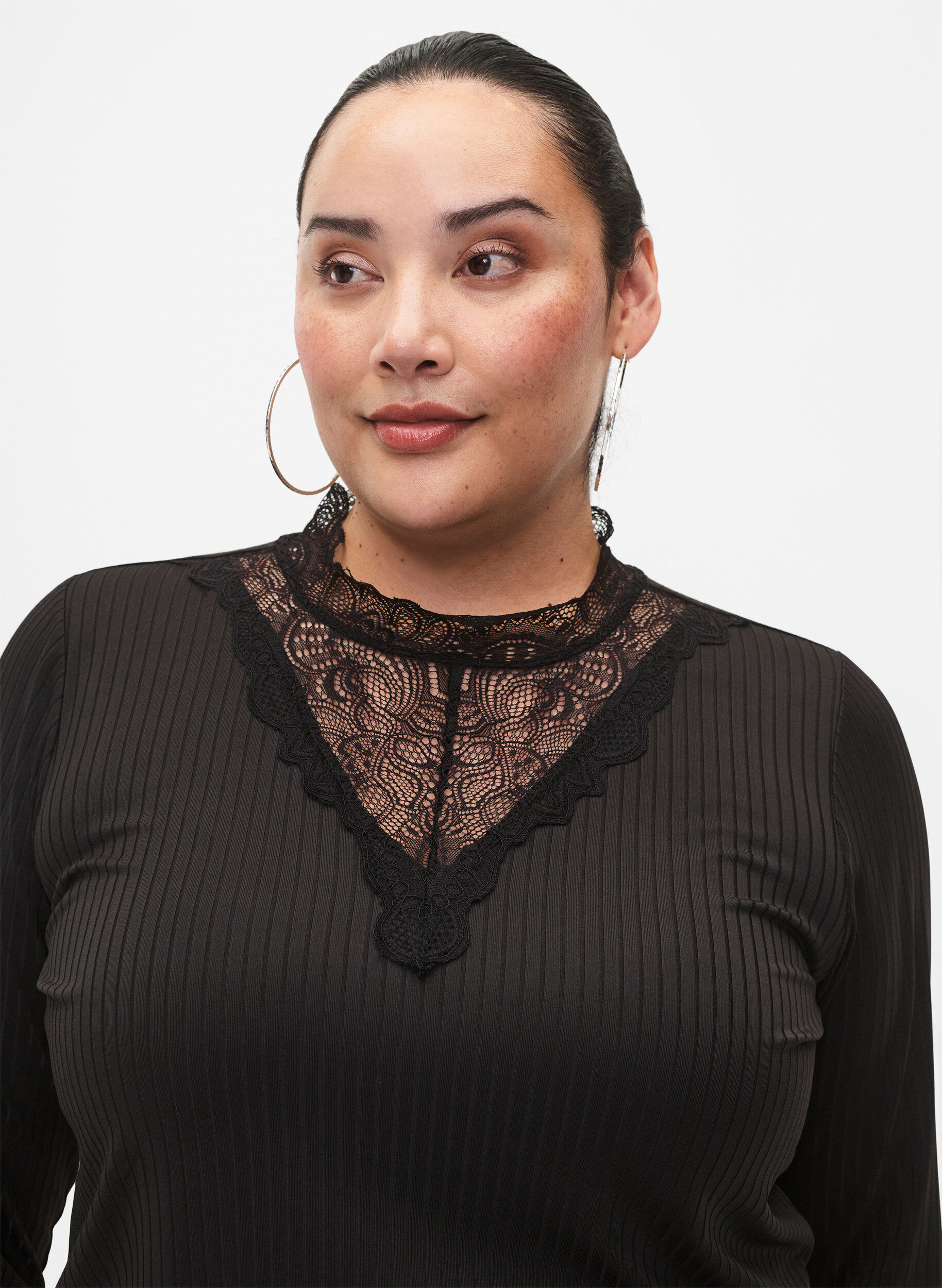 Zizzi Blouse met kant en lange mouwen, Black, Model image number 2