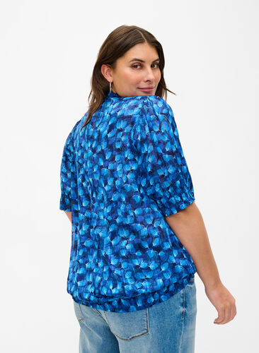  Smock-blouse met korte mouwen en print, Navy Blazer Leaf AOP, Model image number 1