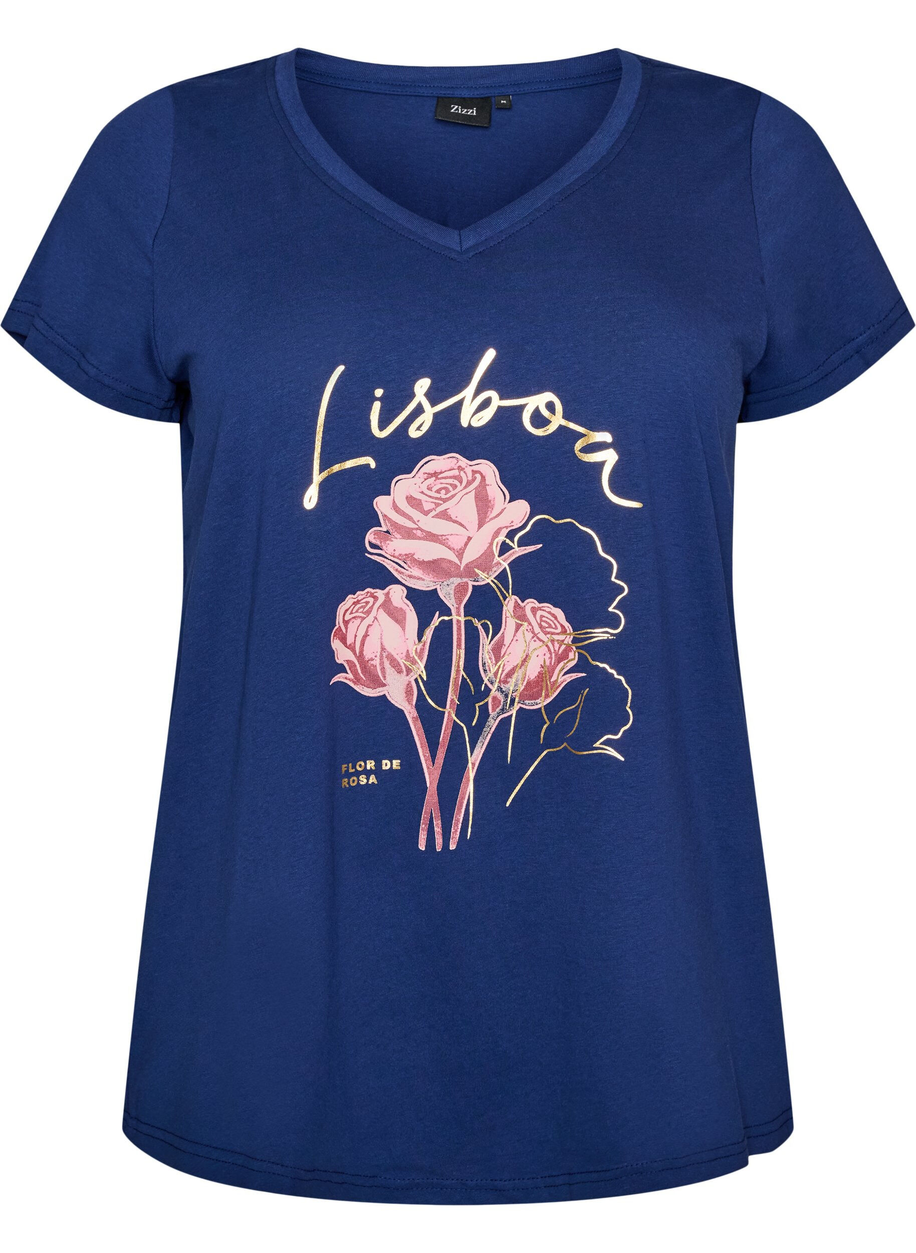 ZizziKatoenen T-shirt met V-hals en print aan de voorkant, 1447, Packshot image number 0