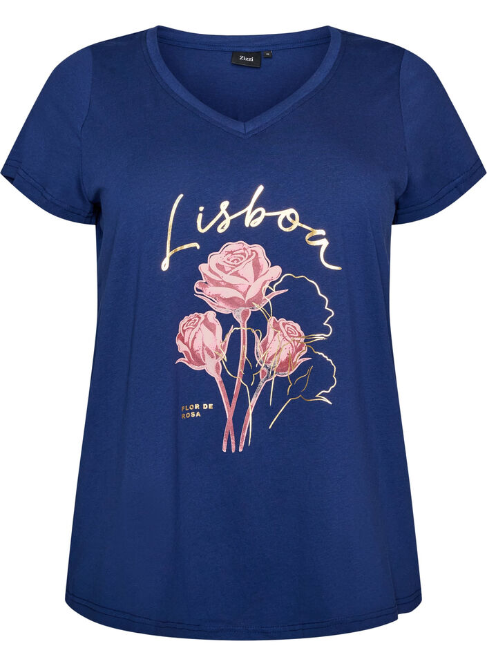 Katoenen T-shirt met V-hals en print aan de voorkant, 1447, Packshot image number 0