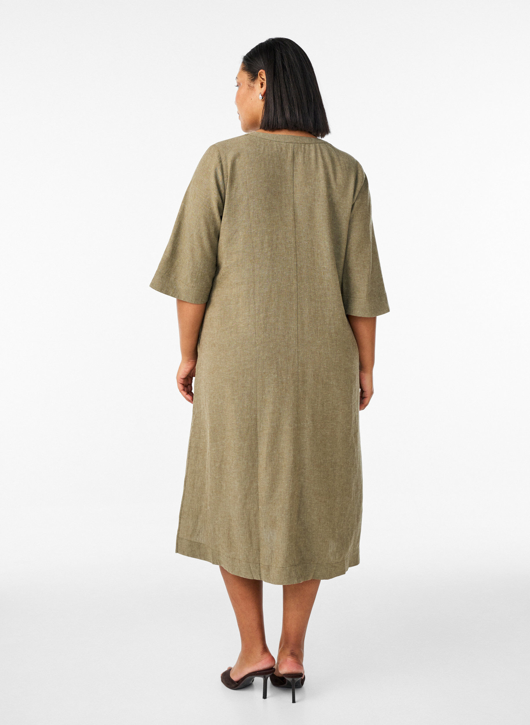 ZizziMidi-jurk in linnen en viscose met 1/2 mouwen, Groen, Model image number 2