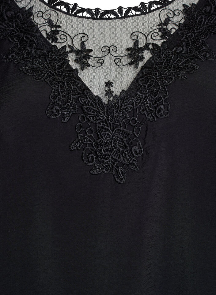 Blouse met 3/4 mouwen en kantdetails, Zwart, Packshot image number 2