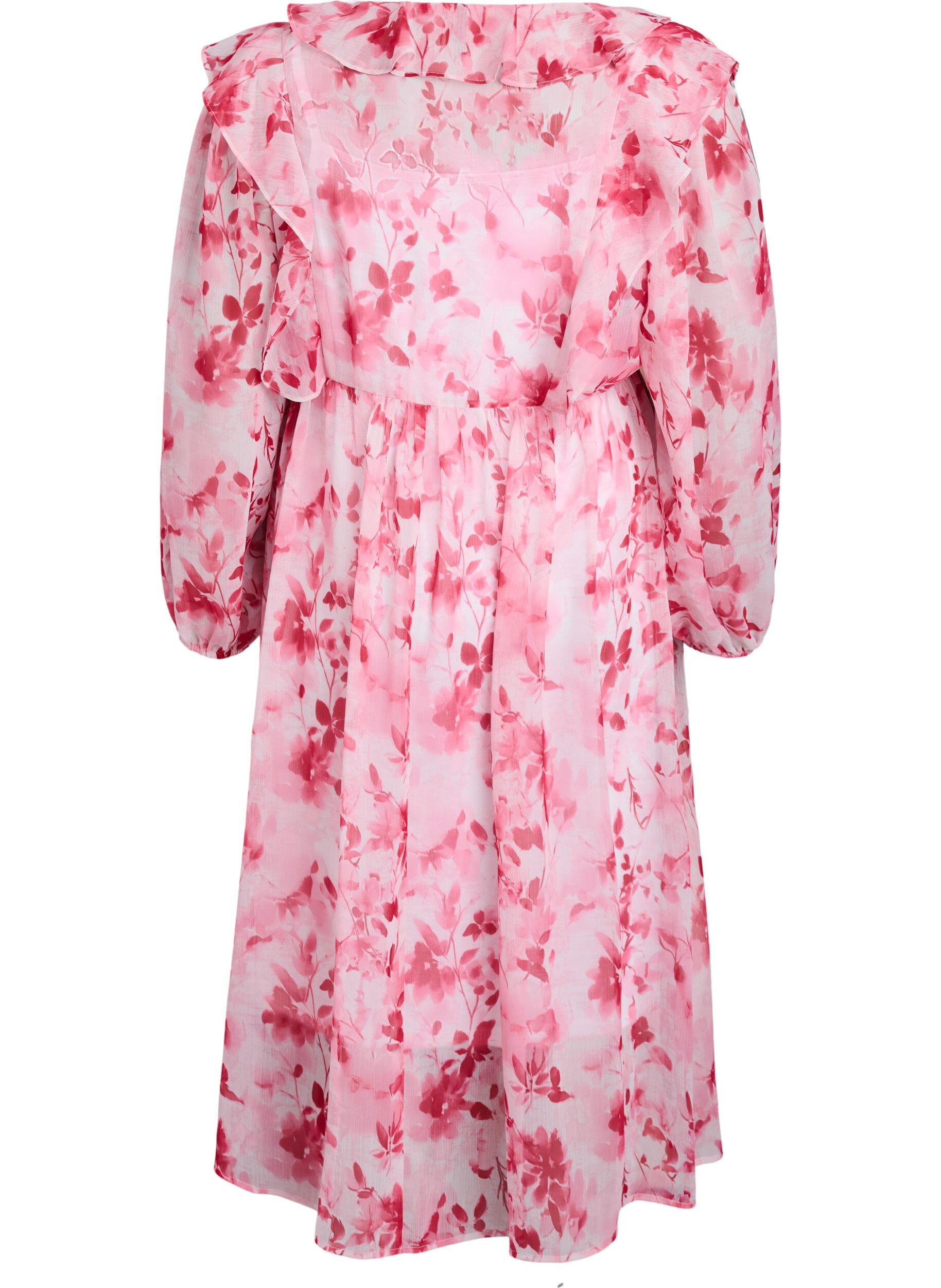 Zizzi Chiffonjurk met bloemenprint, ruches en lange mouwen, Roze, Packshot image number 1