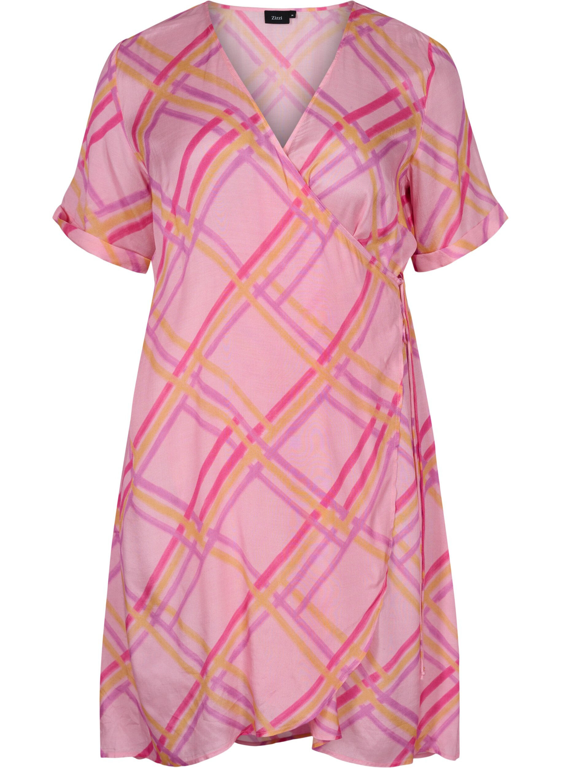 Zizzi Geruite viscose wikkeljurk, Pink Check, Packshot image number 0